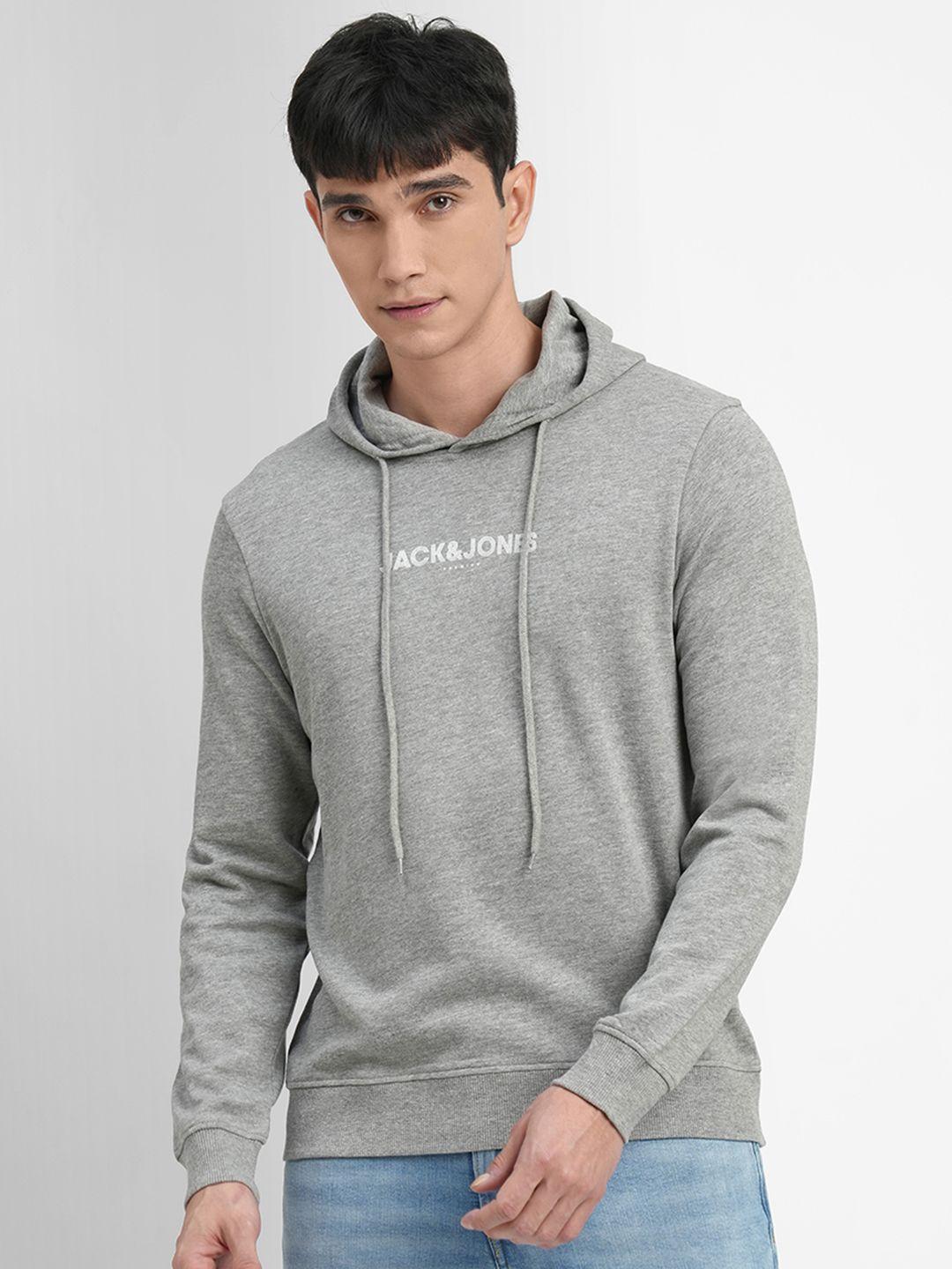 jack & jones men grey melange printed hooded sweatshirt