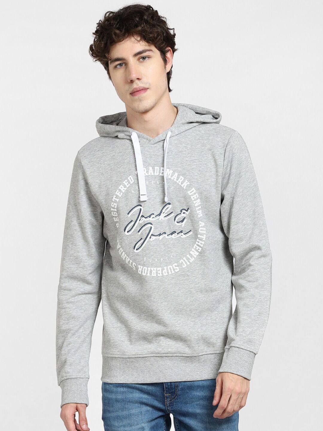 jack & jones men grey printed hooded sweatshirt