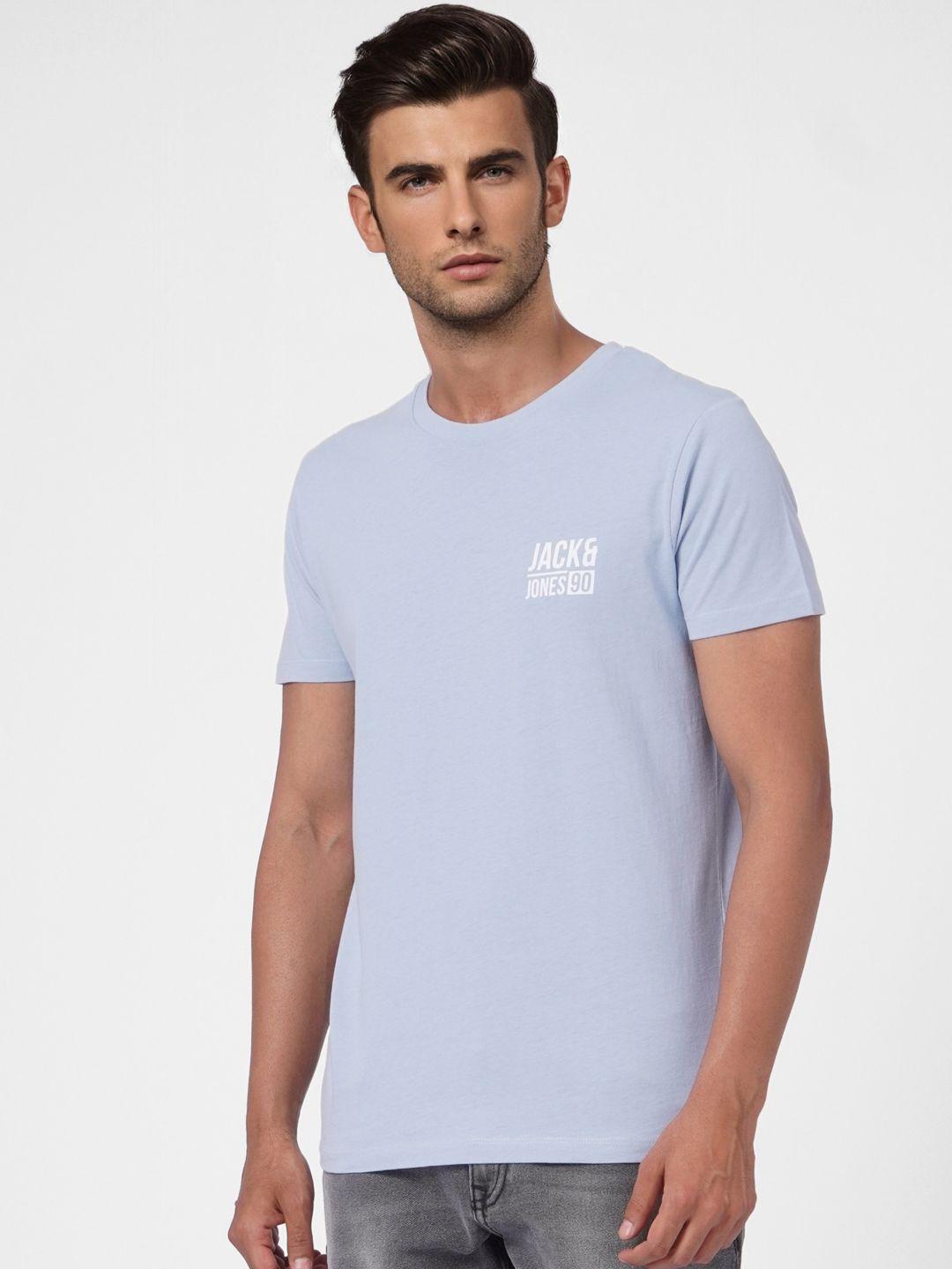 jack & jones men light blue brand logo printed pure cotton slim fit t-shirt