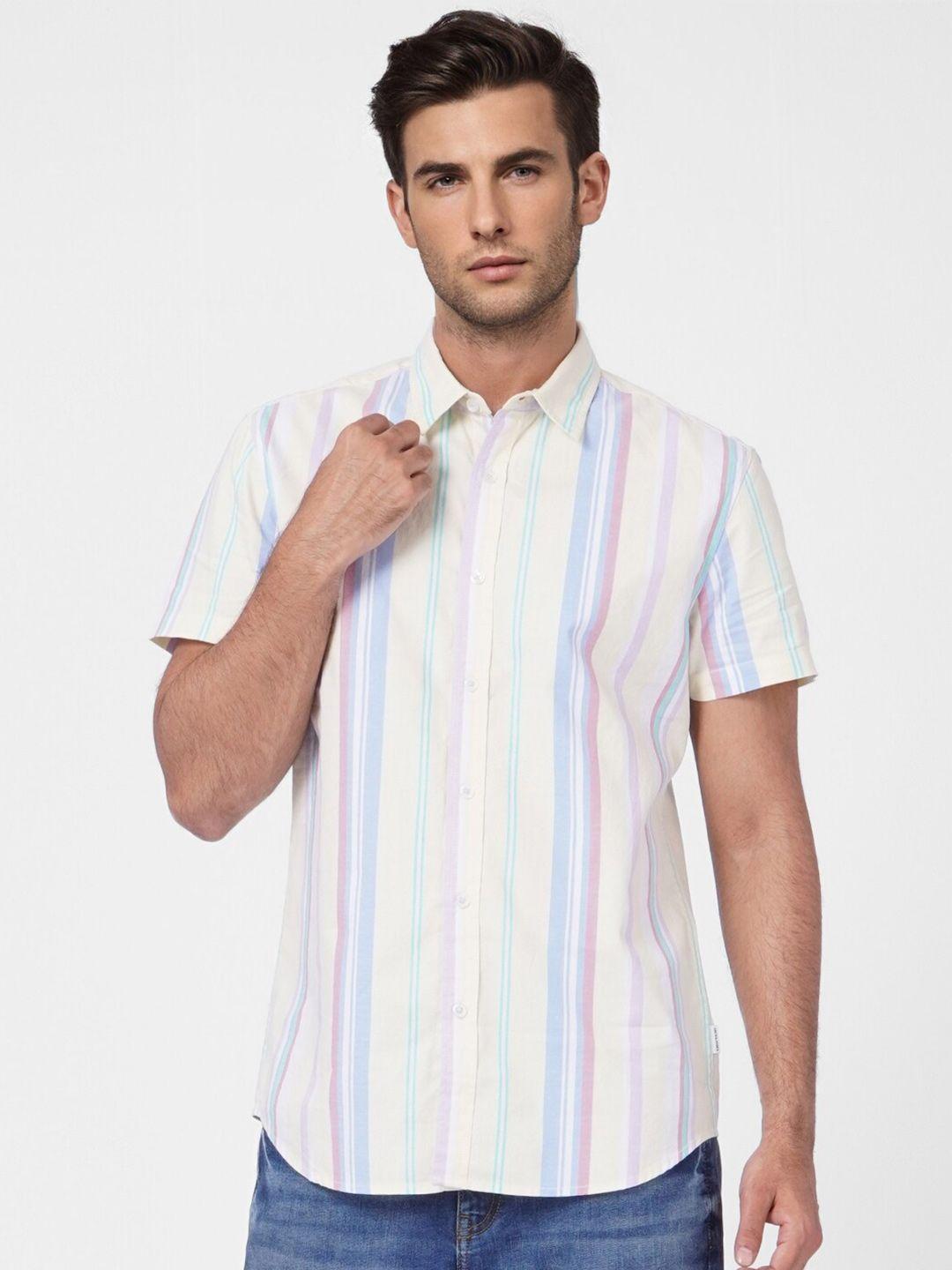 jack & jones men light yellow & blue striped casual shirt