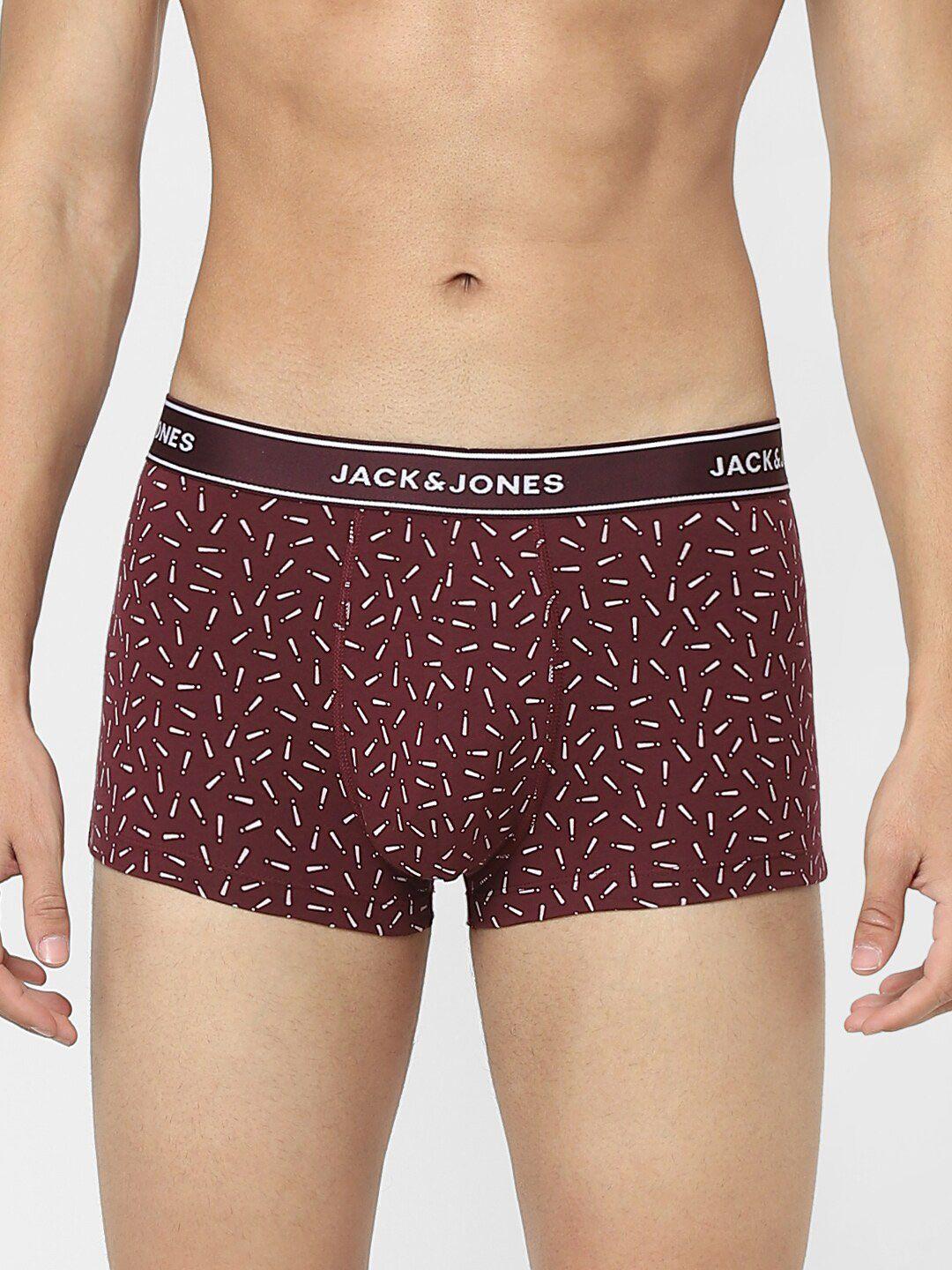 jack & jones men maroon & white printed cotton trunks 116798601