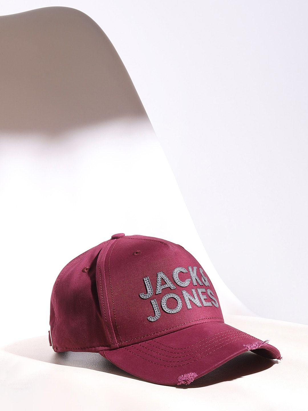 jack & jones men maroon brand logo embroidered baseball cap