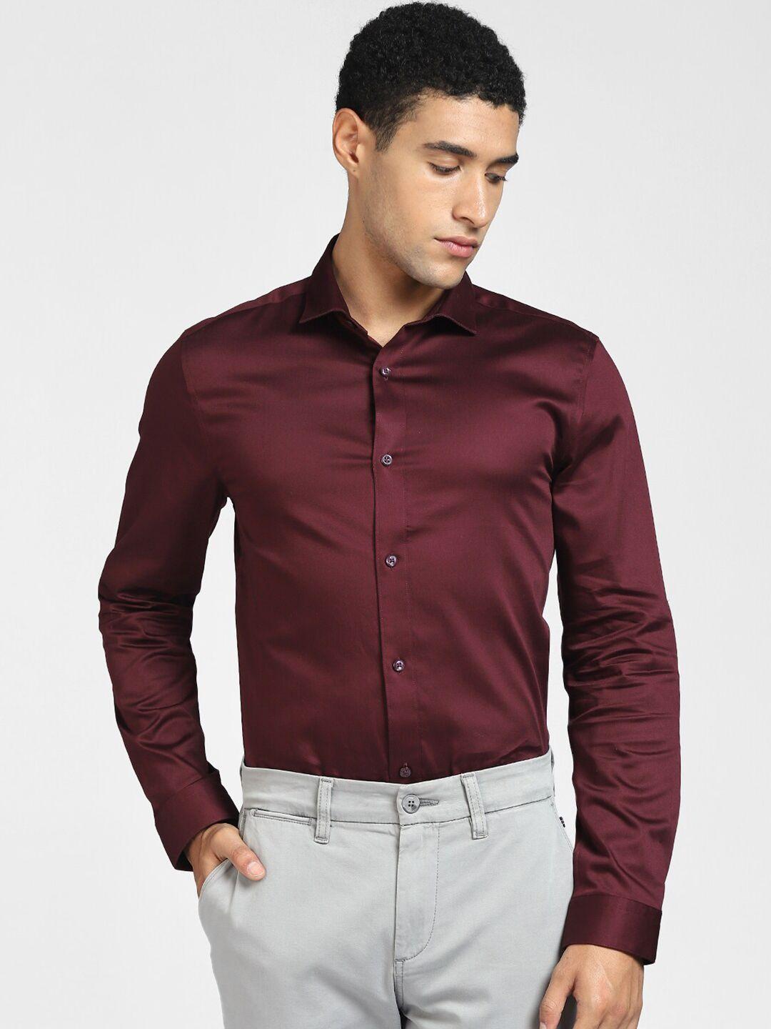 jack & jones men maroon slim fit cotton casual shirt