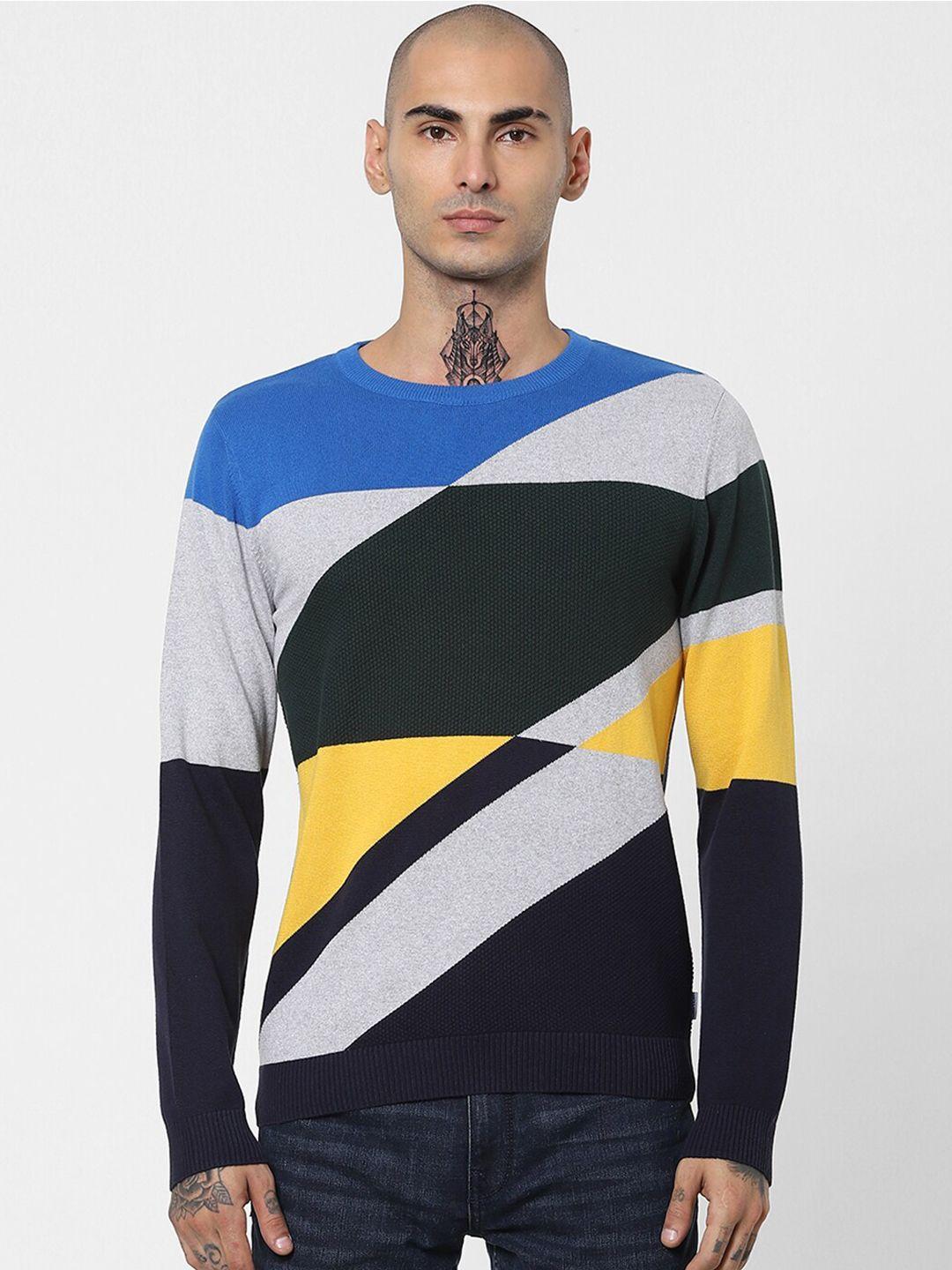 jack & jones men multicoloured colourblocked cotton pullover sweater