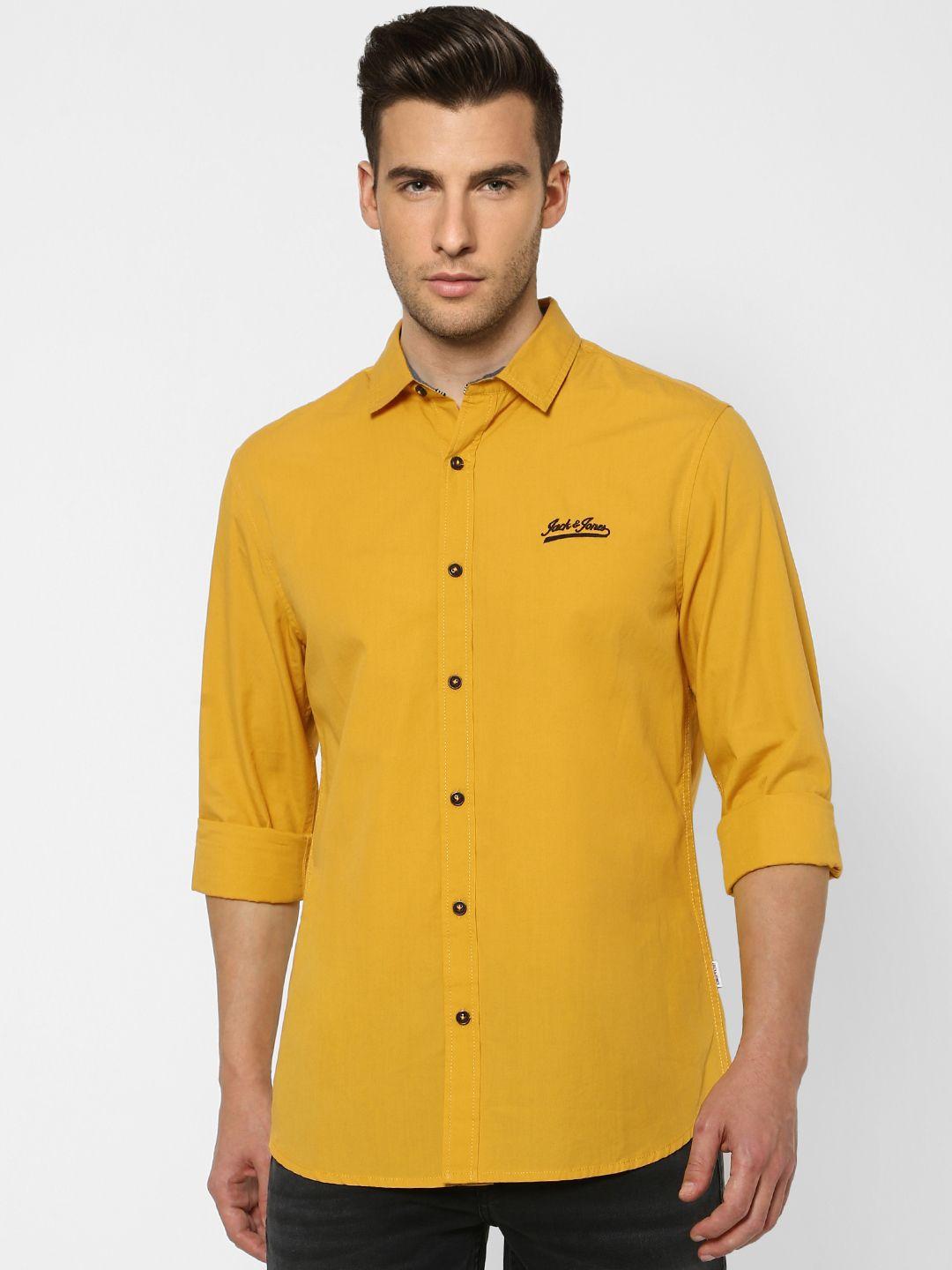 jack & jones men mustard slim fit solid casual shirt