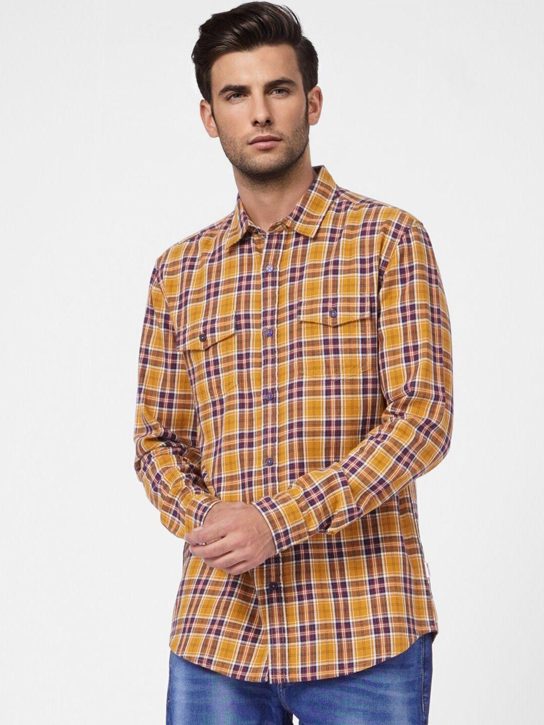 jack & jones men mustard tartan checked cotton casual shirt