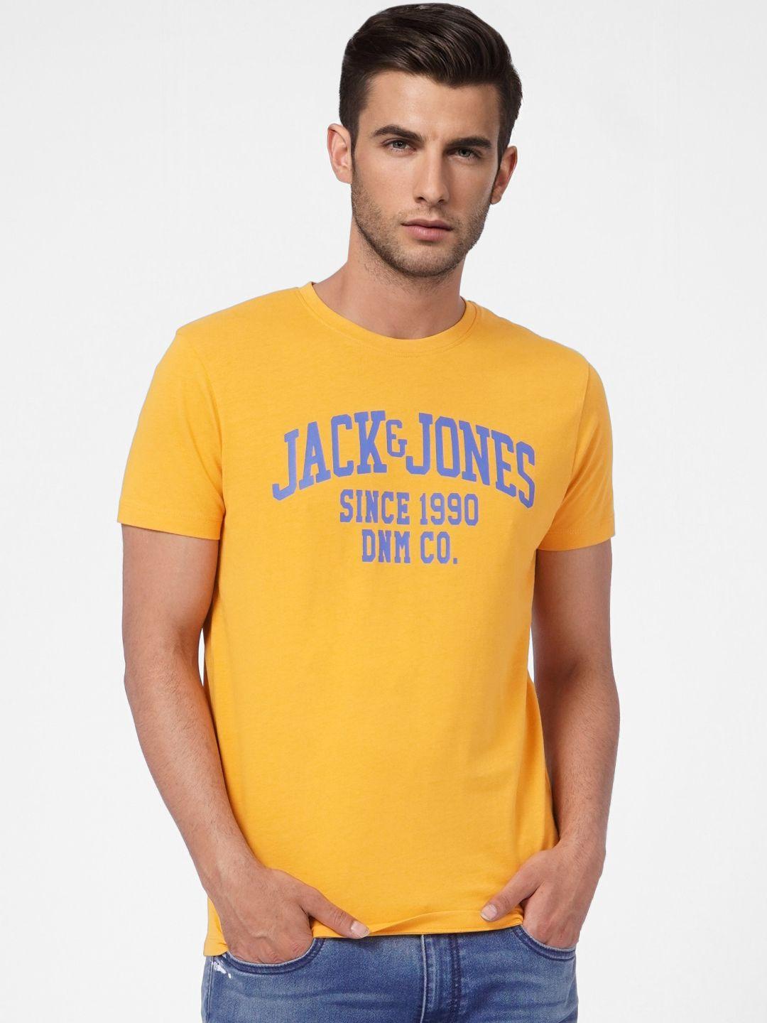 jack & jones men mustard yellow brand logo printed pure cotton t-shirt