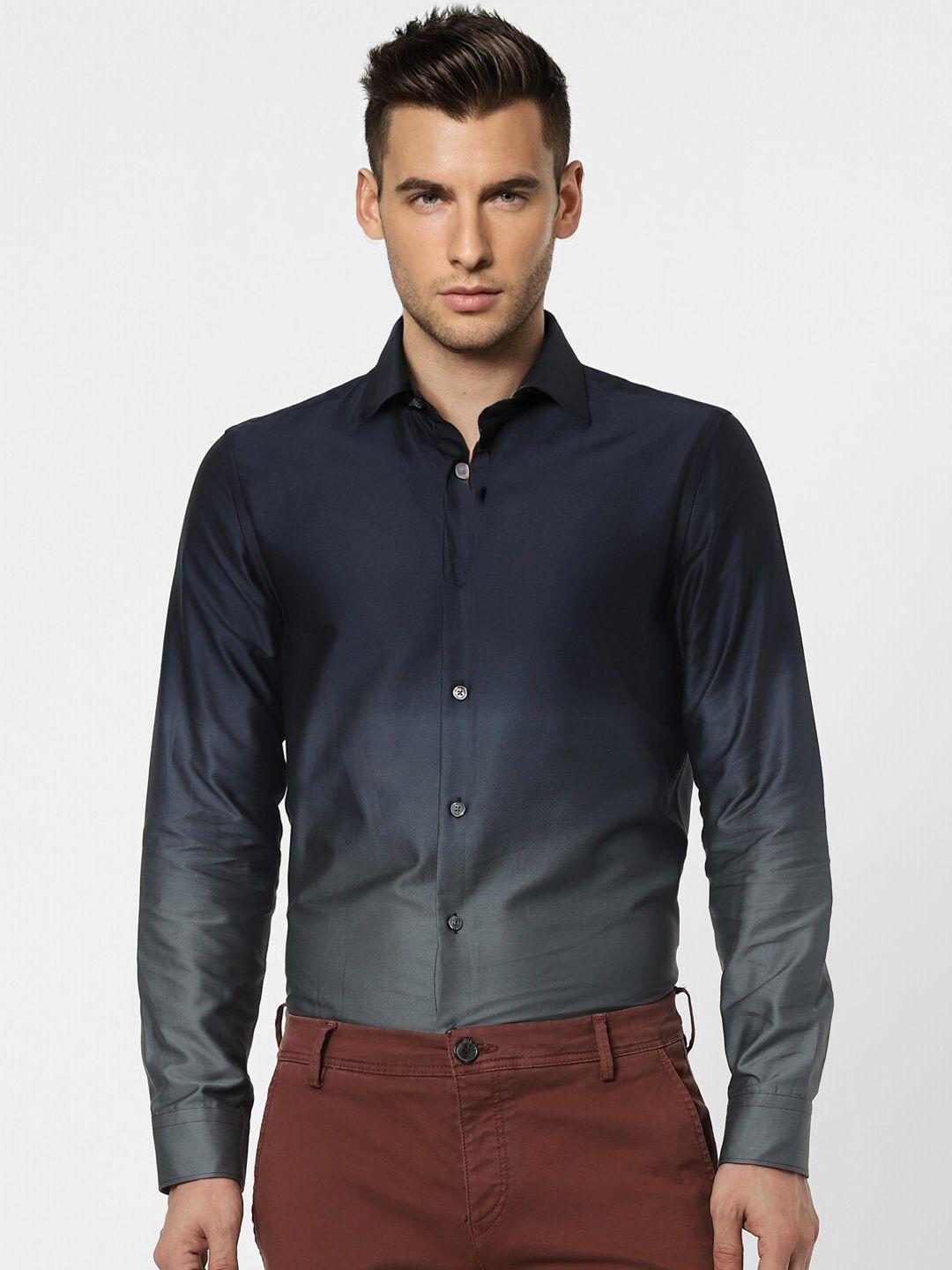 jack & jones men navy blue & grey slim fit opaque colourblocked casual cotton shirt