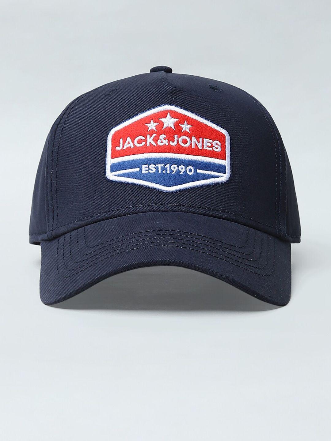 jack & jones men navy blue & red embroidered baseball cap