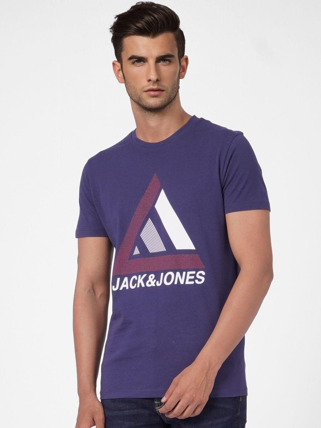 jack & jones men navy blue & white brand logo printed slim fit pure cotton t-shirt