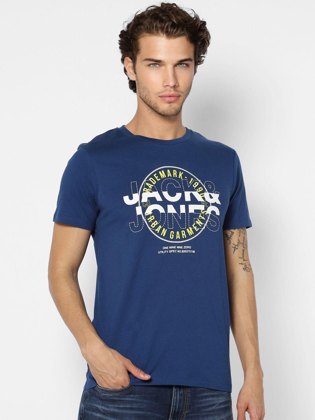 jack & jones men navy blue brand logo printed pure cotton slim fit t-shirt
