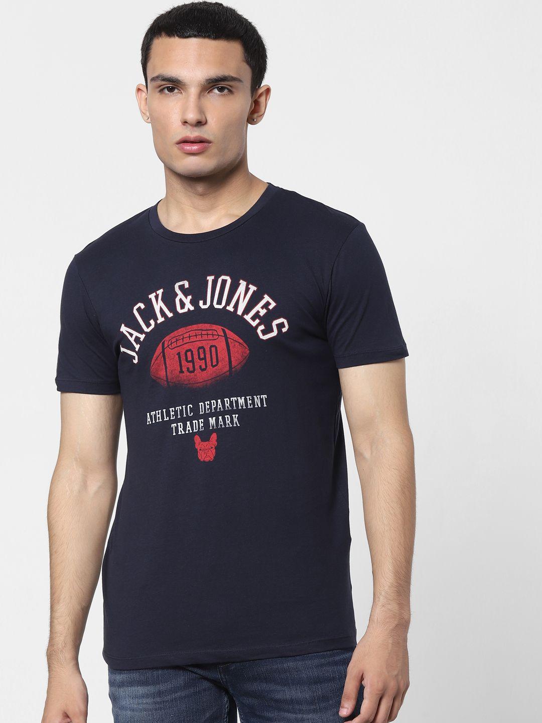 jack & jones men navy blue brand logo printed pure cotton t-shirt