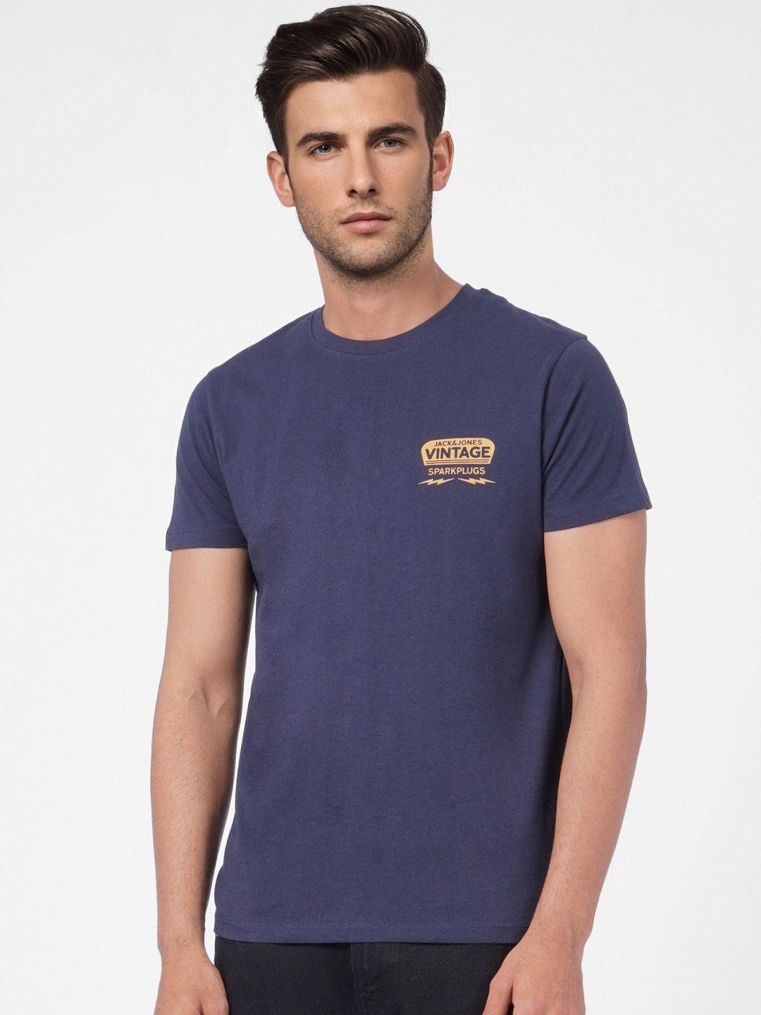 jack & jones men navy blue brand logo printed pure cotton t-shirt