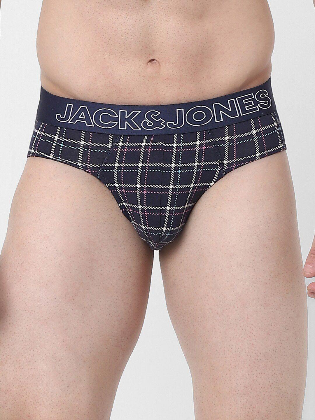 jack & jones men navy blue checked cotton basic brief 122014601-2