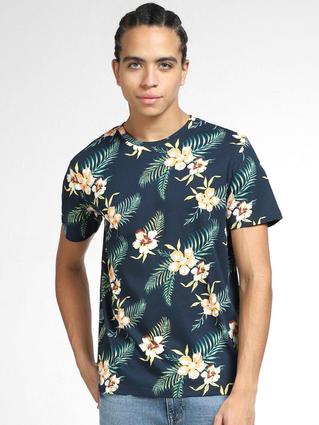 jack & jones men navy blue floral printed slim fit t-shirt