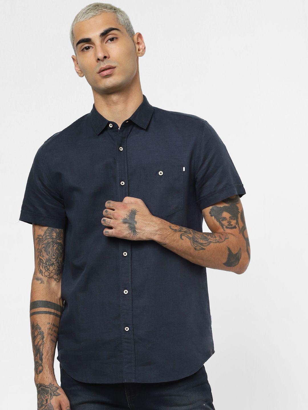 jack & jones men navy blue regular fit solid casual shirt