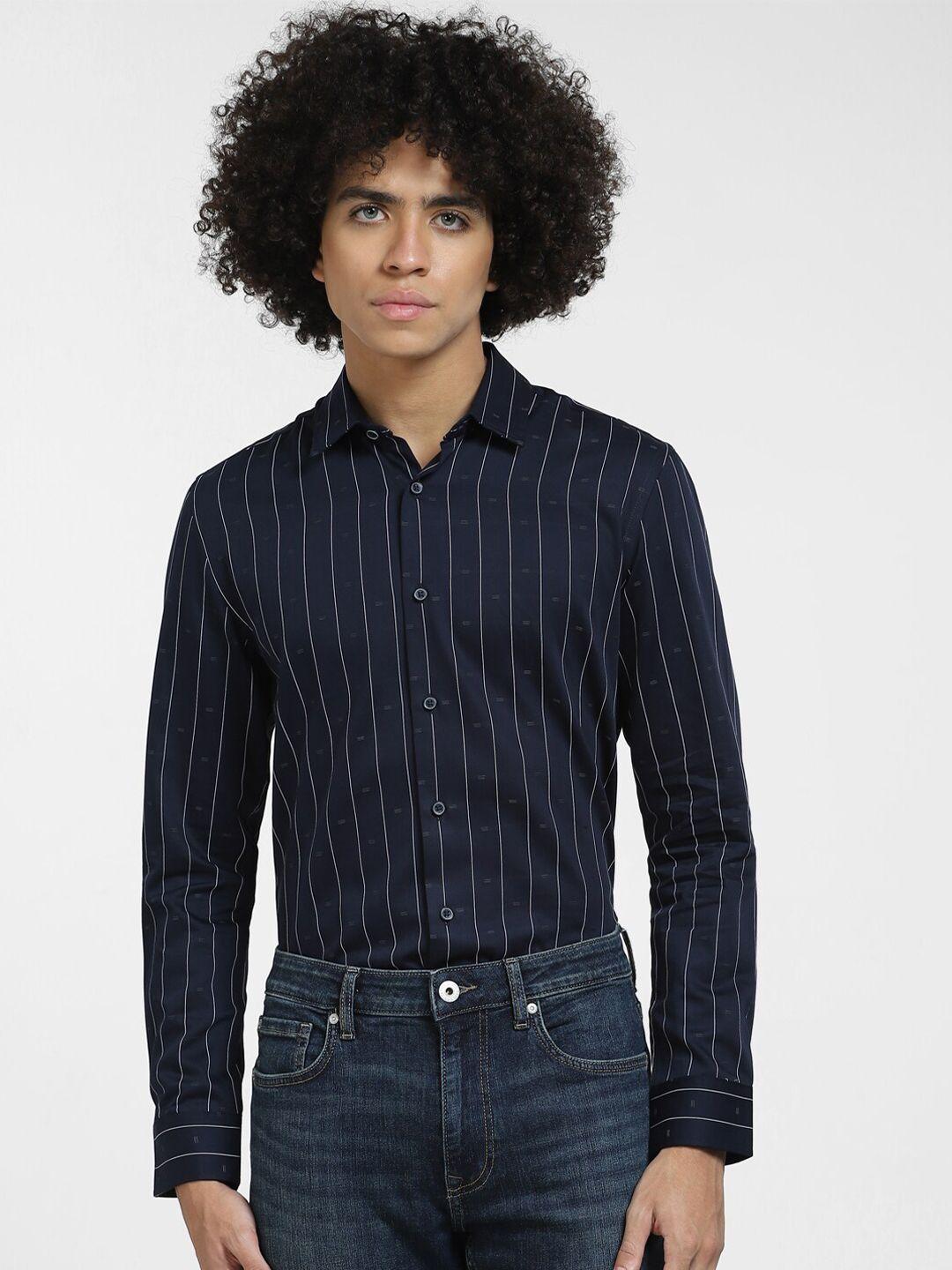 jack & jones men navy blue slim fit striped casual shirt