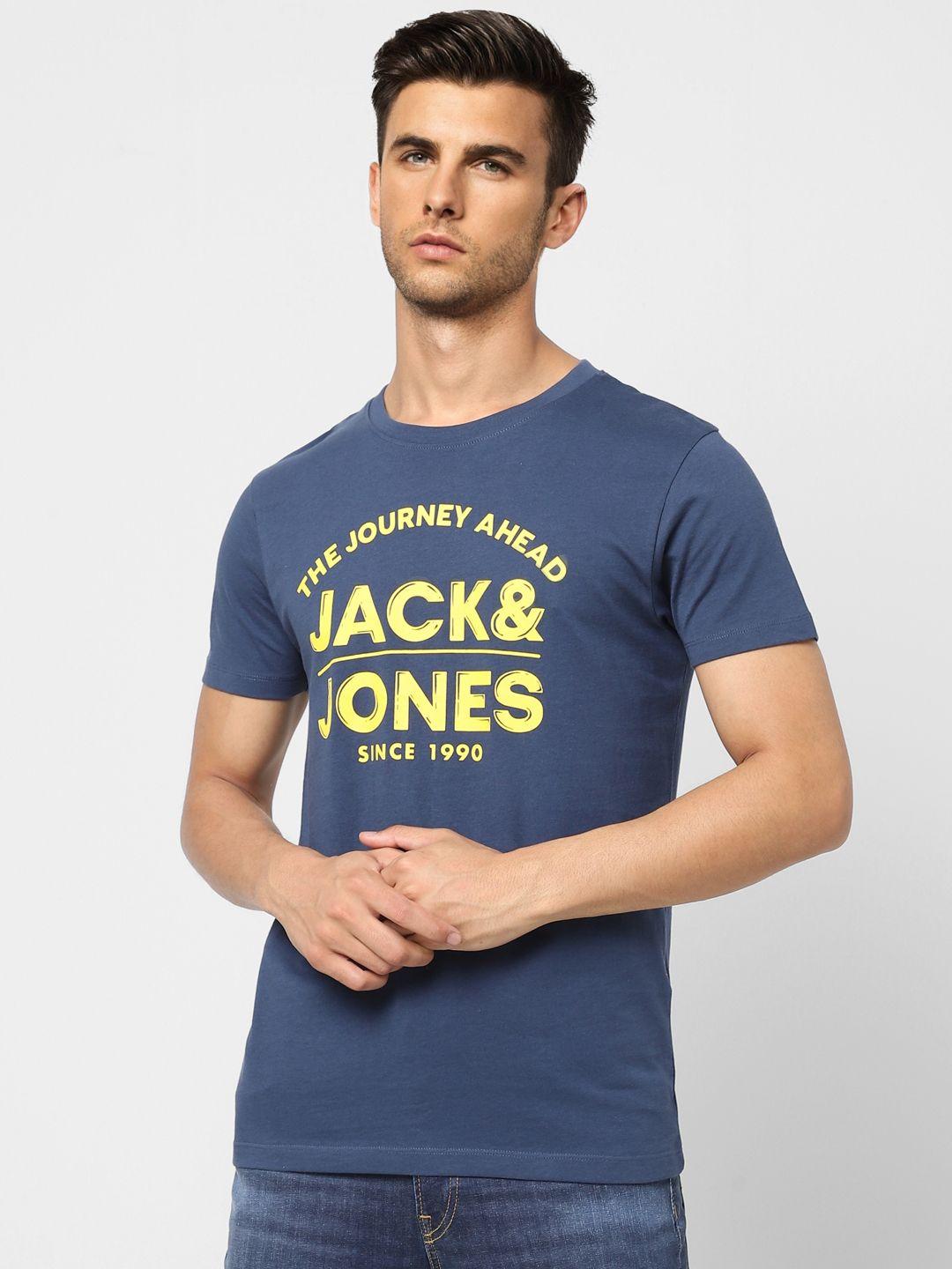 jack & jones men navy blue typography printed pure cotton slim fit t-shirt