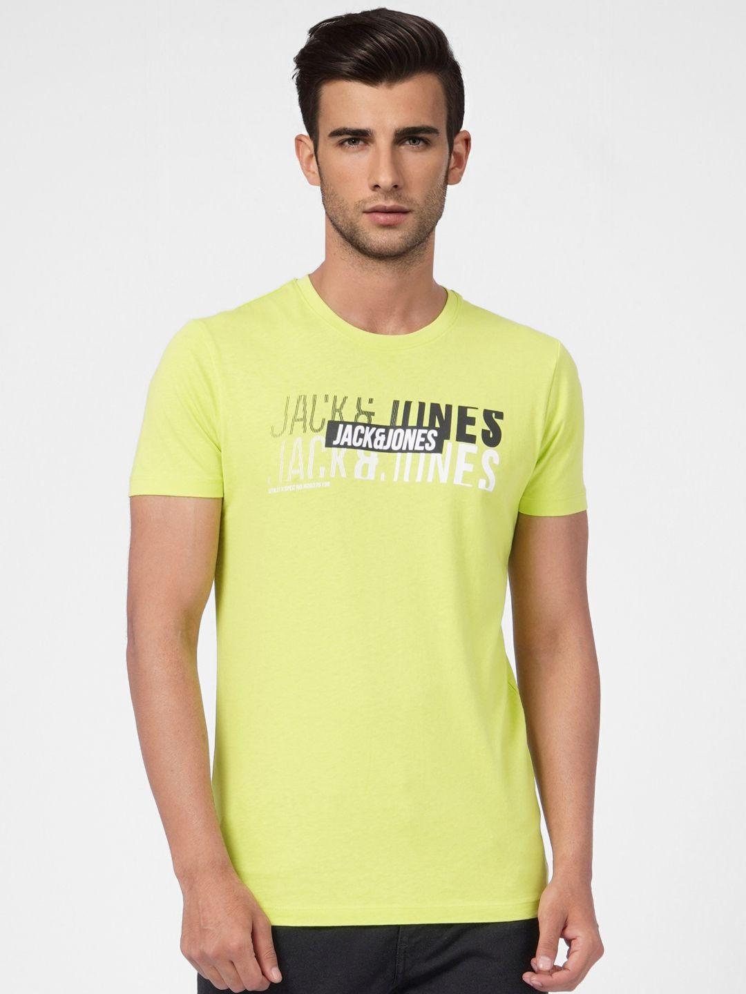 jack & jones men neon green typography printed pure cotton slim fit t-shirt