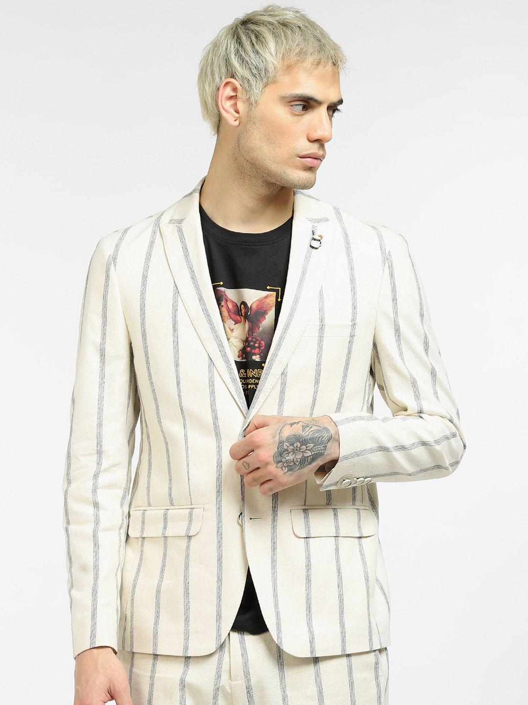 jack & jones men off white & grey striped single-breasted casual blazers