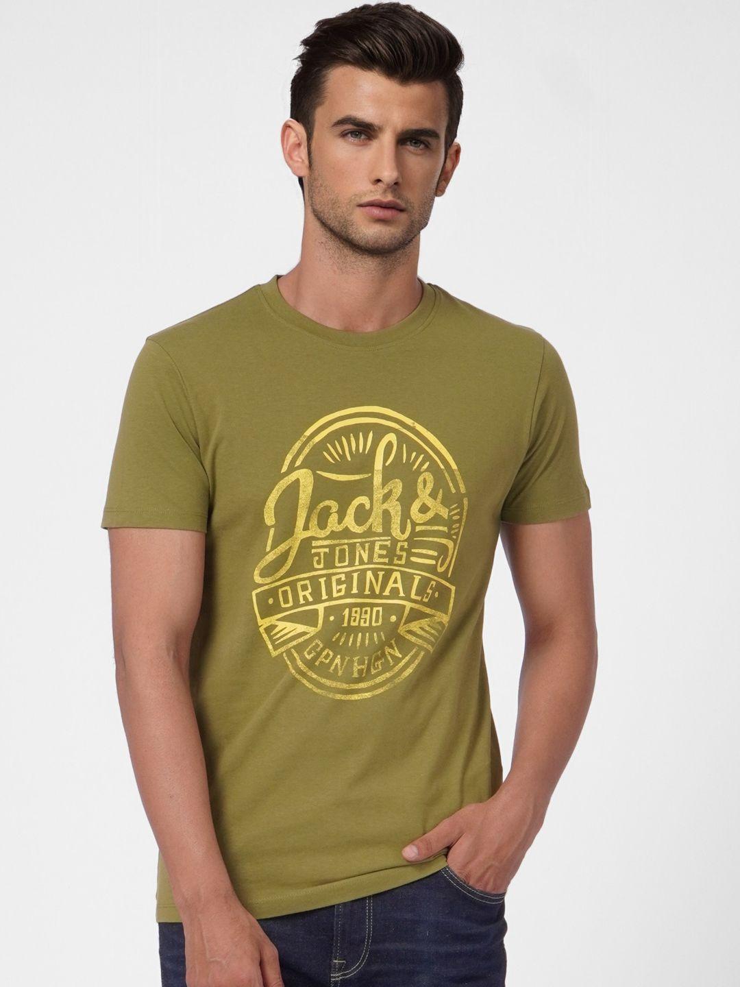 jack & jones men olive green brand logo printed pure cotton t-shirt