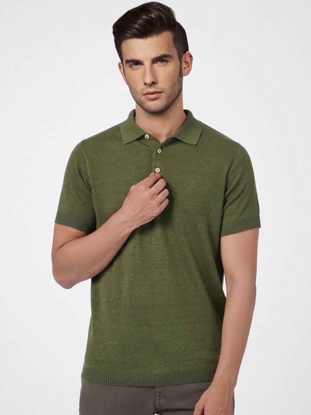 jack & jones men olive green polo collar linen slim fit t-shirt