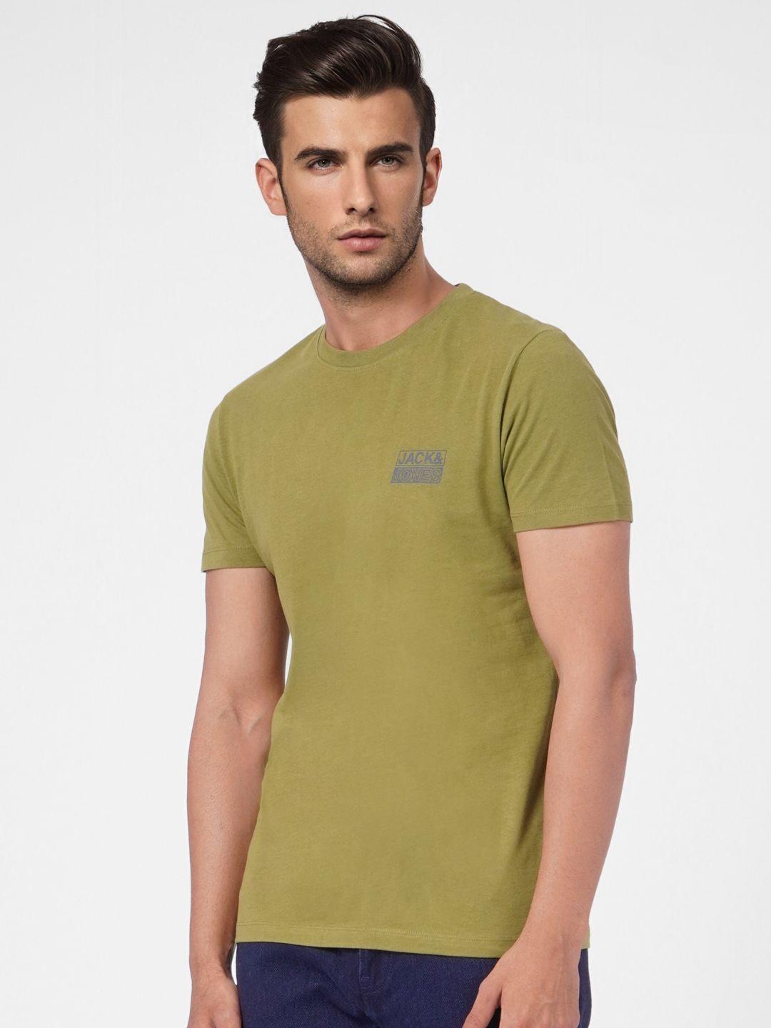 jack & jones men olive green printed slim fit casual t-shirt