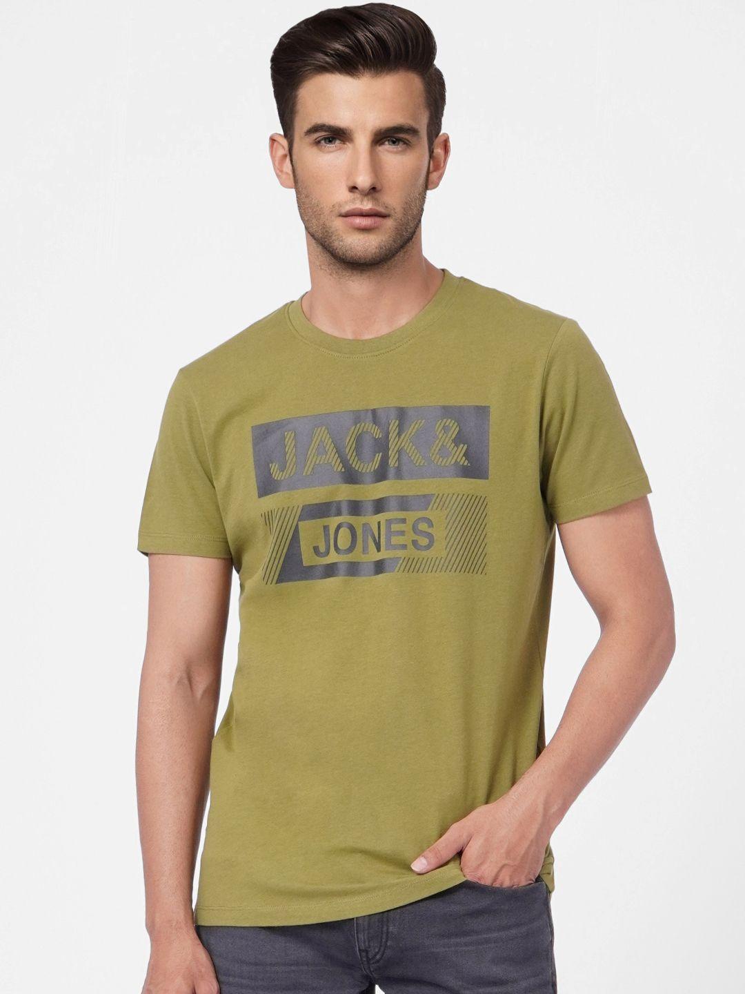 jack & jones men olive green typography printed pure cotton slim fit t-shirt