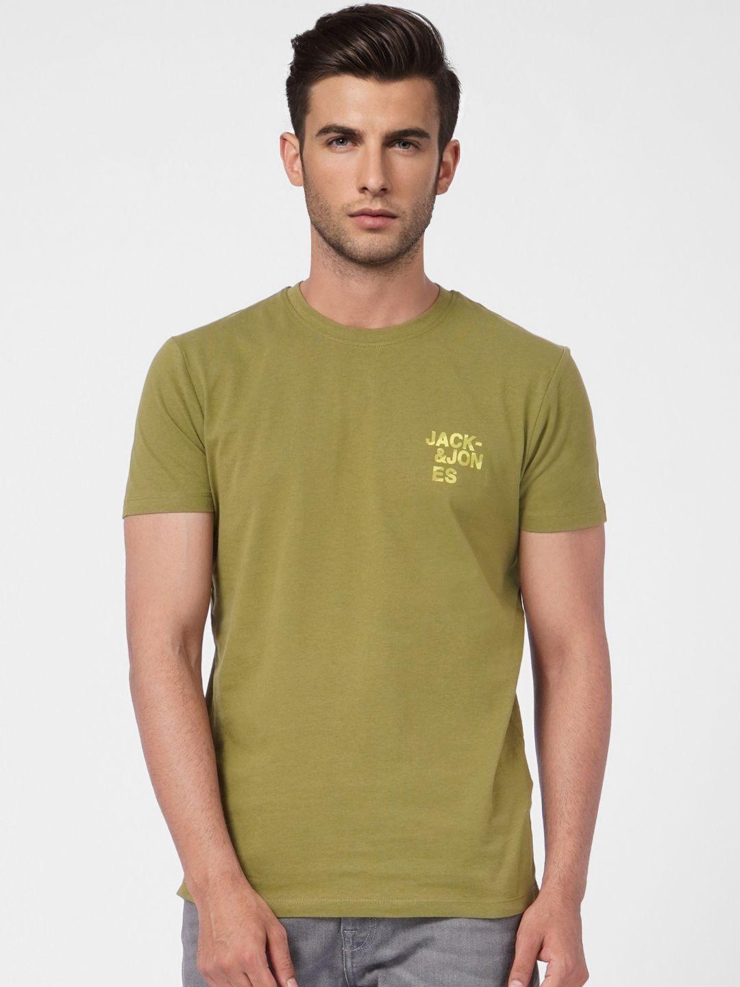 jack & jones men olive green typography printed slim fit pure cotton casual t-shirt