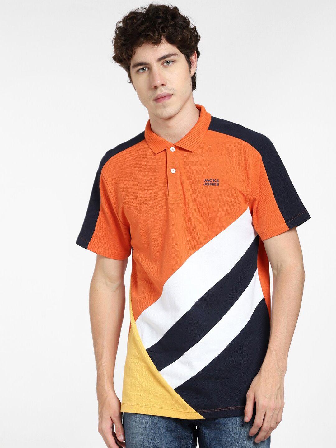 jack & jones men orange & black cotton colourblocked polo collar t-shirt