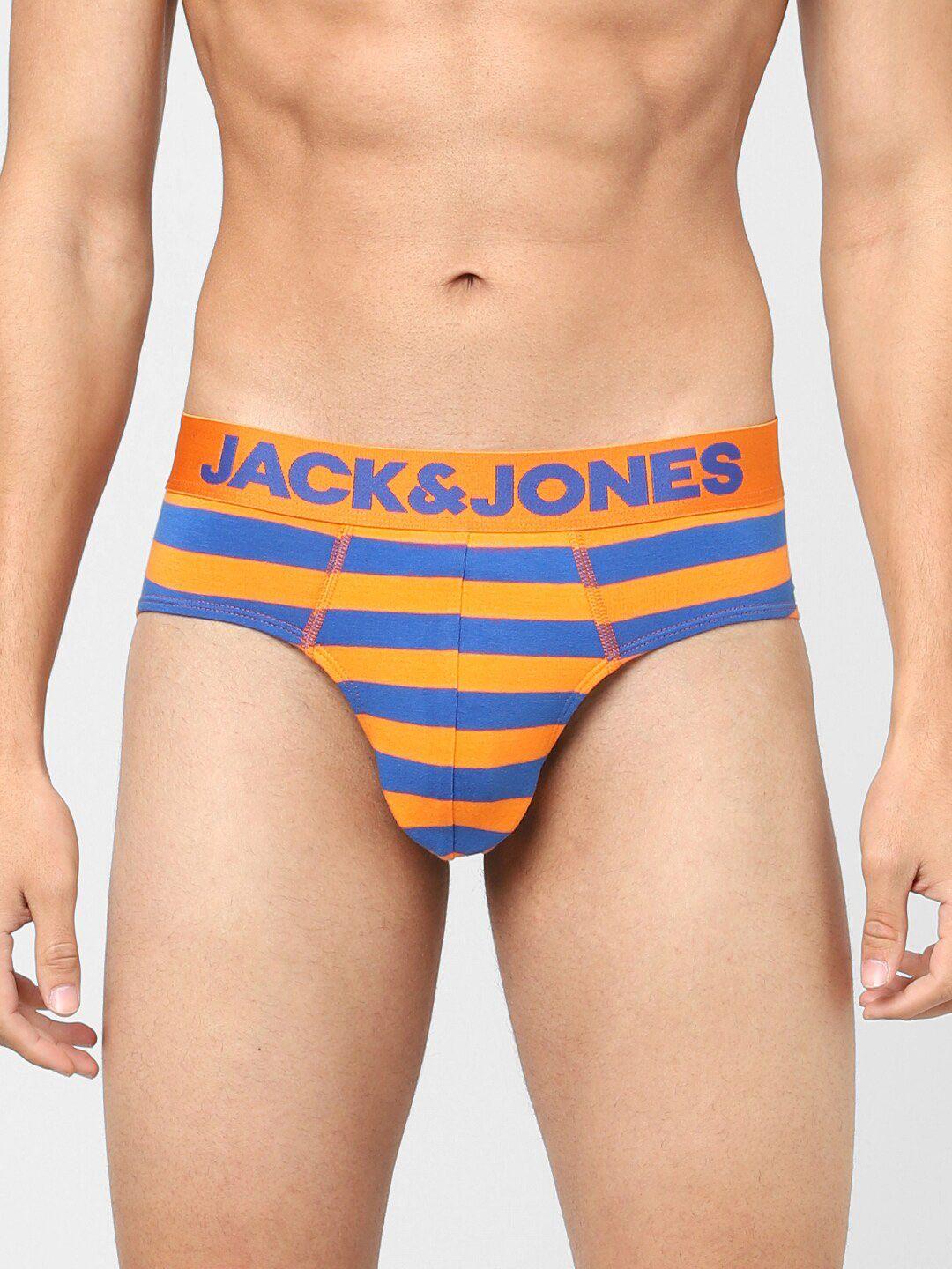 jack & jones men orange & blue striped cotton basic briefs 116793401