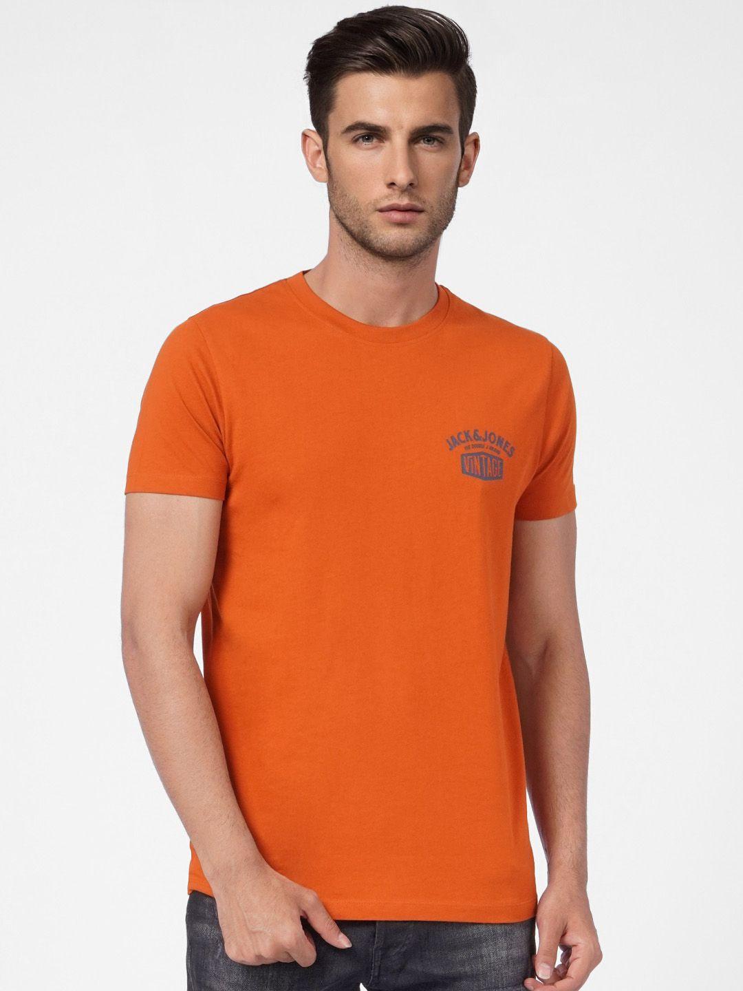 jack & jones men orange & grey brand logo printed pure cotton slim fit t-shirt