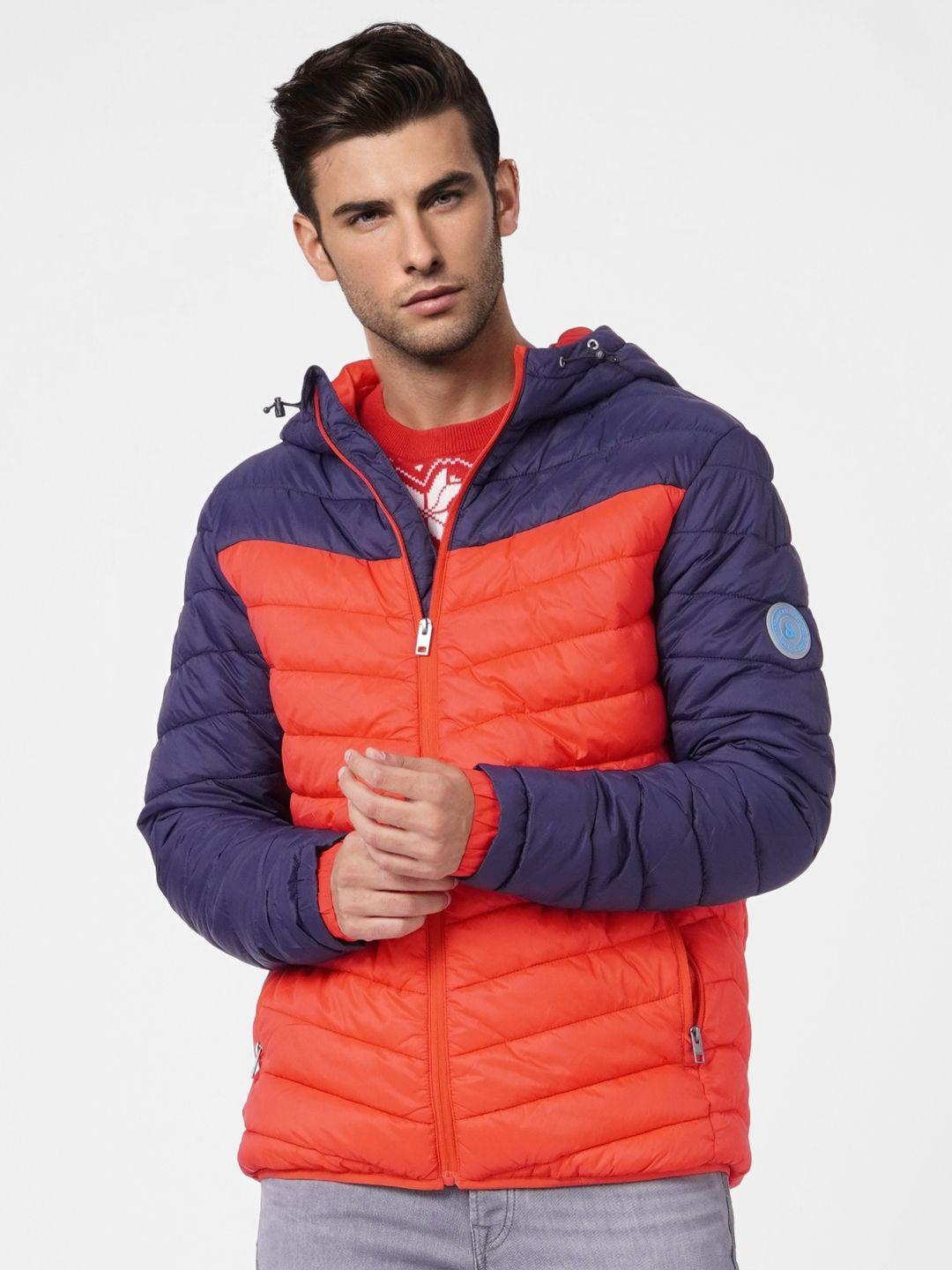 jack & jones men orange & navy blue colourblocked puffer jacket