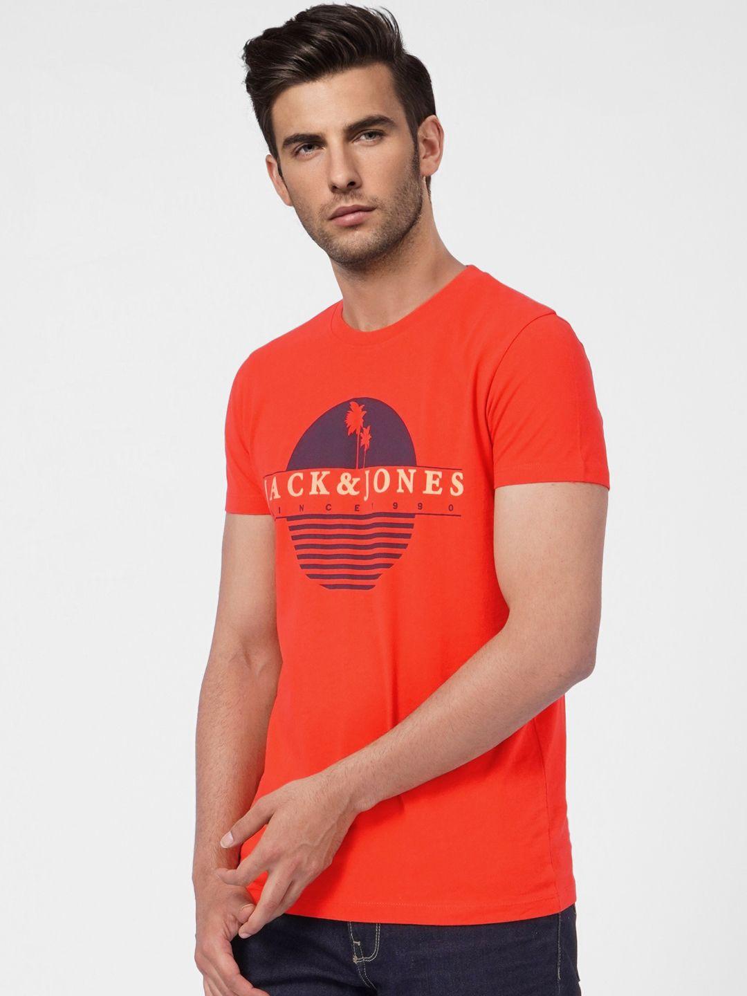 jack & jones men orange & white brand logo printed pure cotton slim fit t-shirt