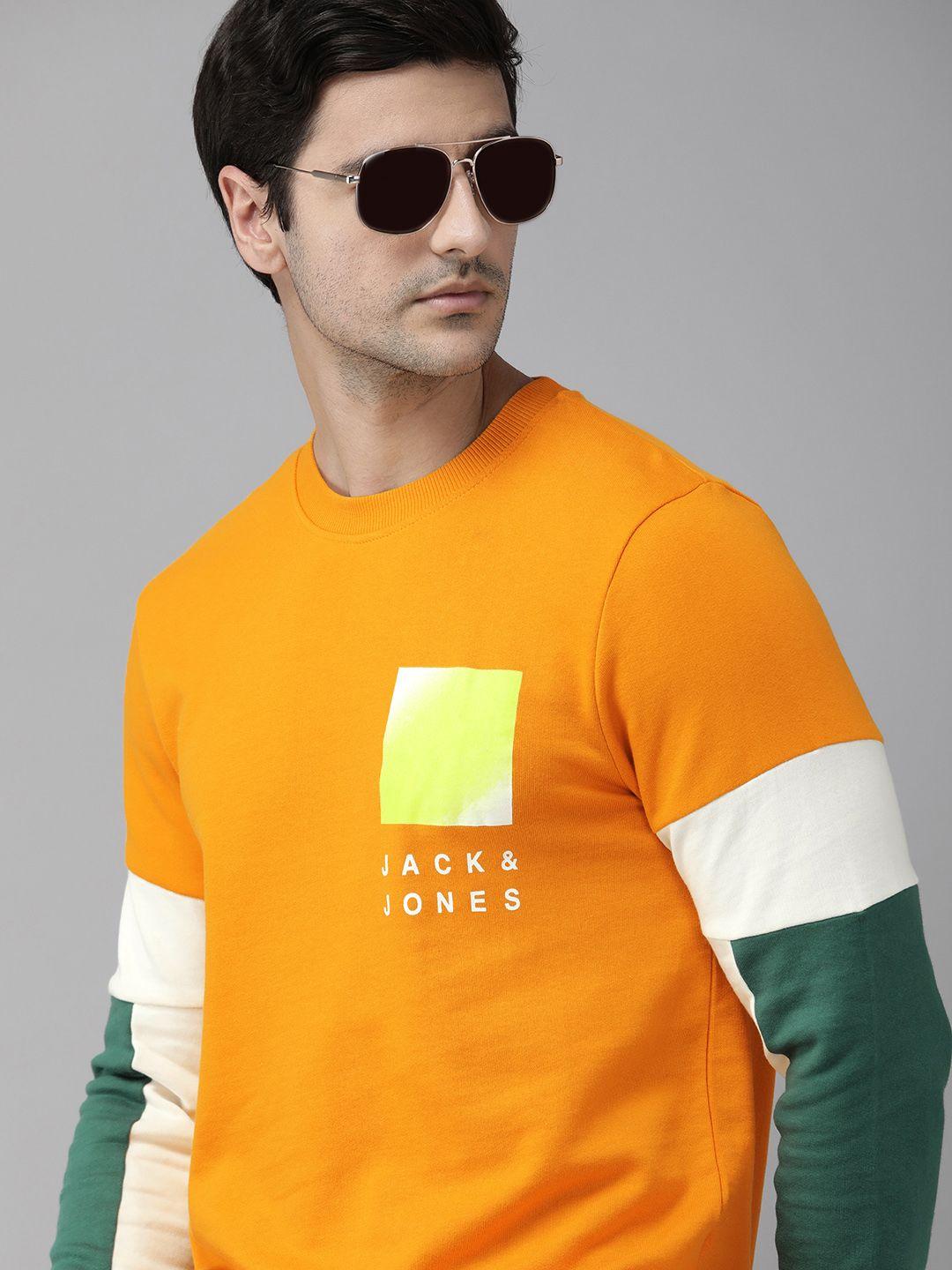 jack & jones men orange & white colourblocked sweatshirt