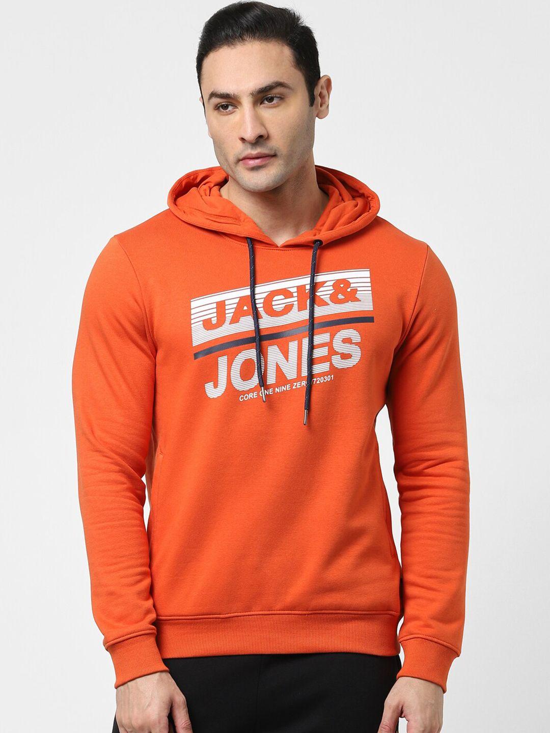 jack & jones men orange printed hooded sweatshirt