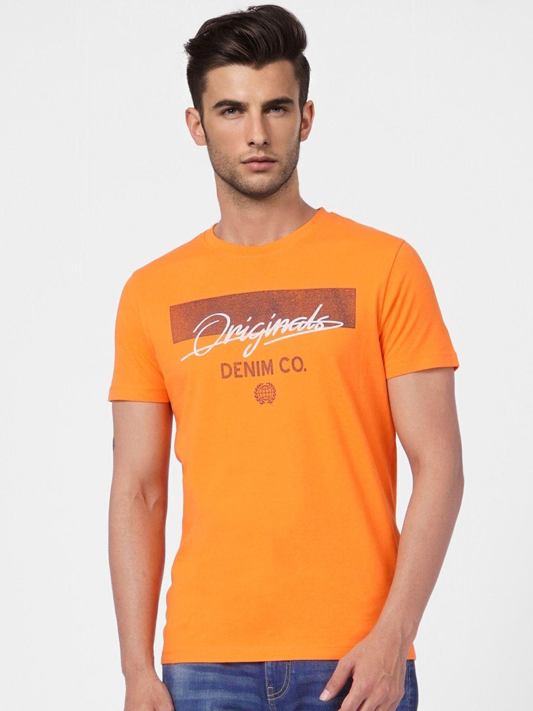 jack & jones men orange typography printed slim fit pure cotton casual t-shirt