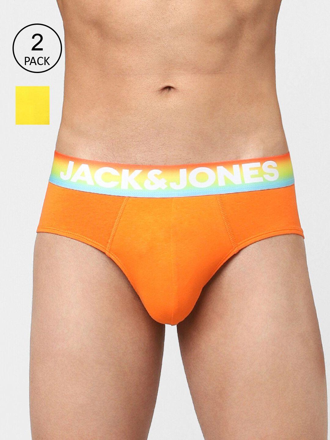 jack & jones men pack of 2 orange & yellow solid cotton basic briefs 116795901