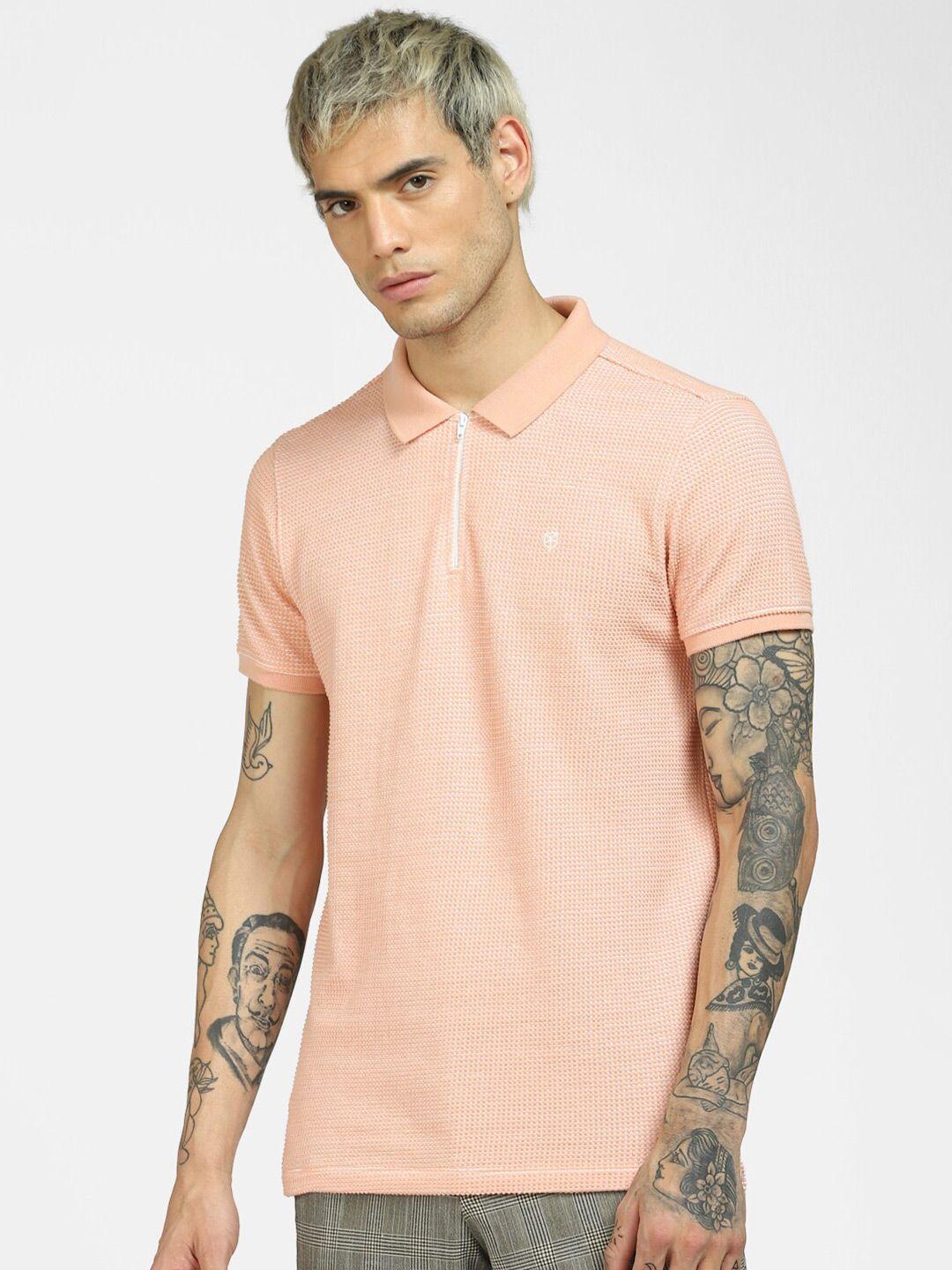 jack & jones men peach-coloured polo collar slim fit t-shirt