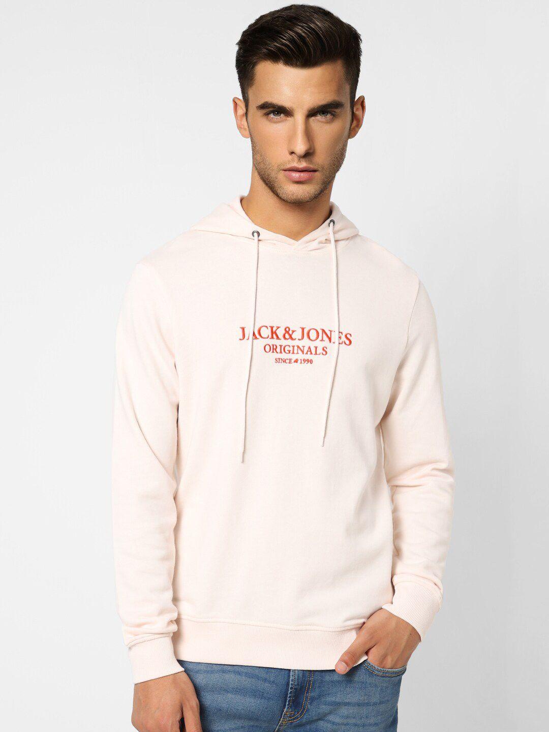 jack & jones men peach-coloured printed hooded sweatshirt