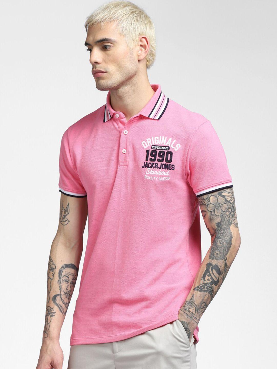 jack & jones men pink & black brand logo polo collar applique cotton slim fit t-shirt