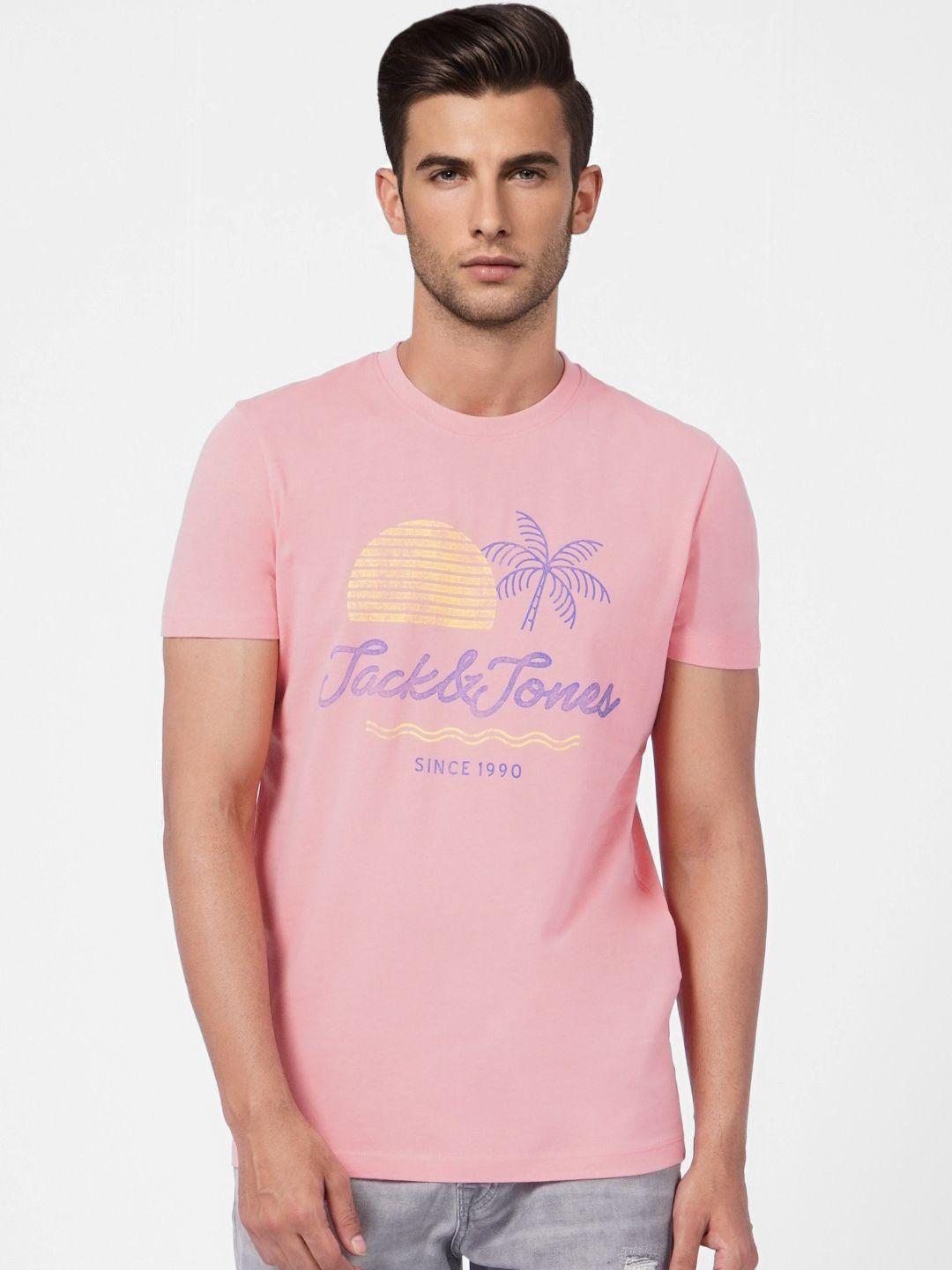 jack & jones men pink & blue printed slim fit pure cotton t-shirt