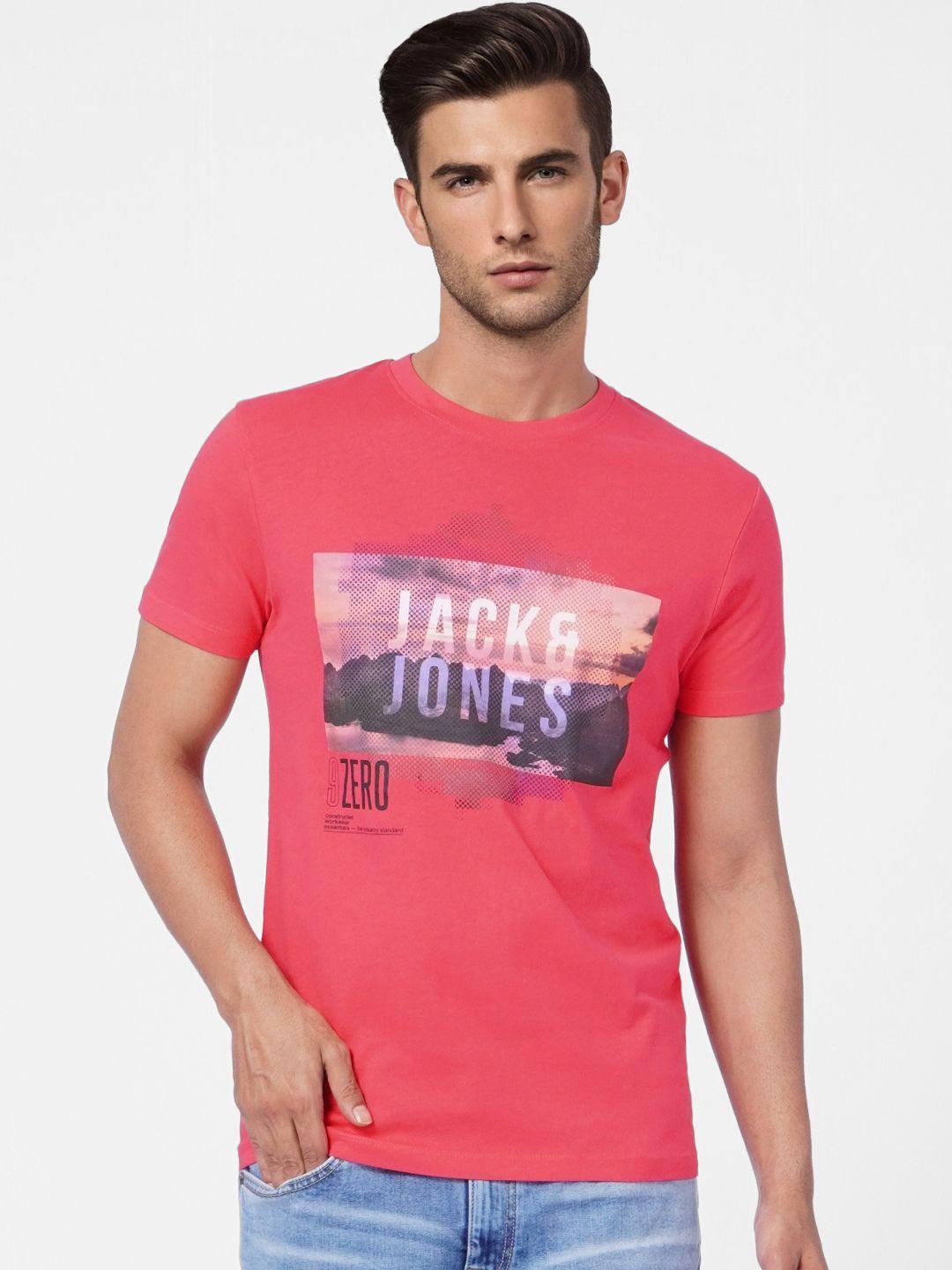 jack & jones men pink brand logo printed pure cotton t-shirt