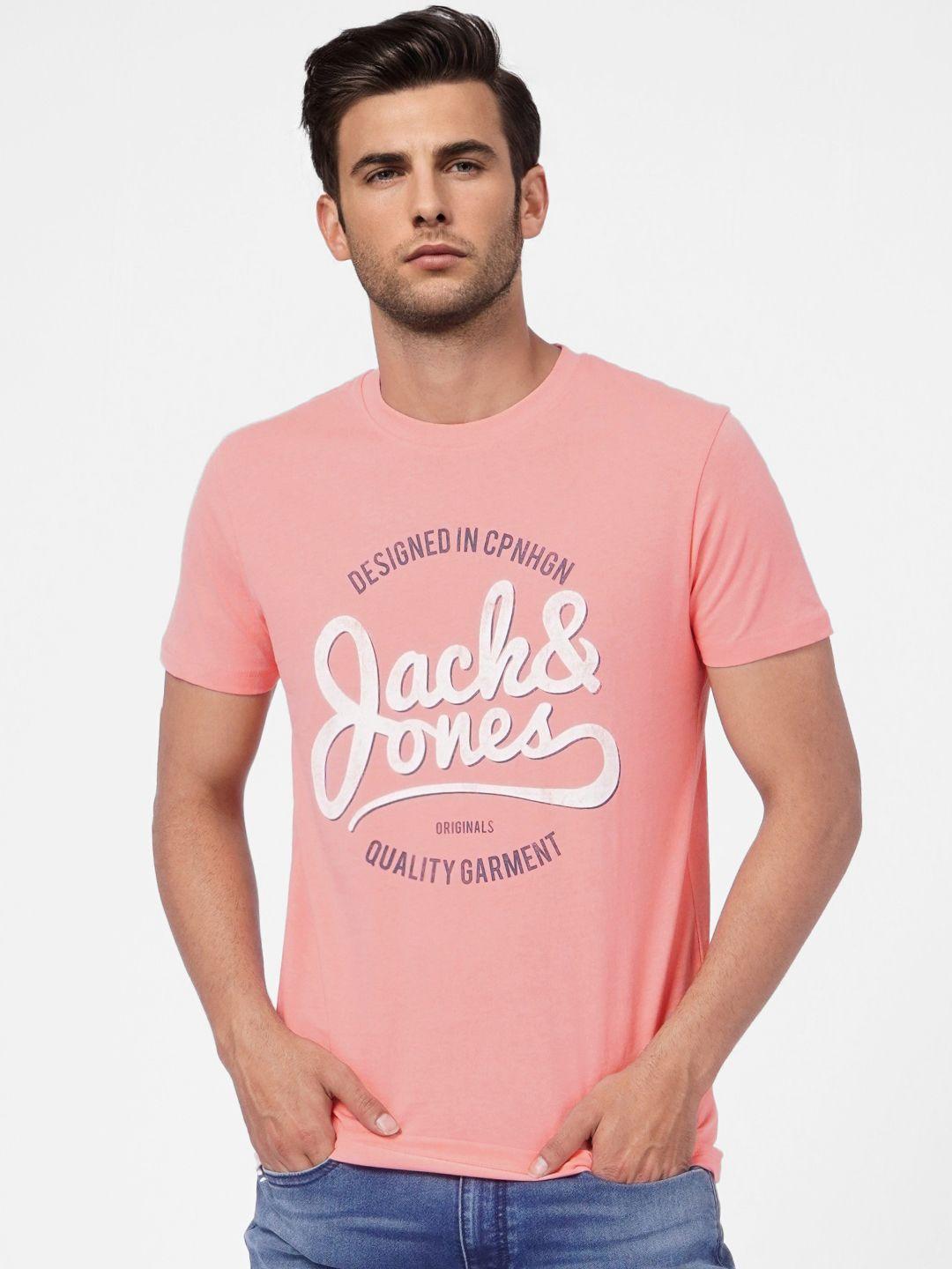 jack & jones men pink graphic printed pure cotton slim fit t-shirt