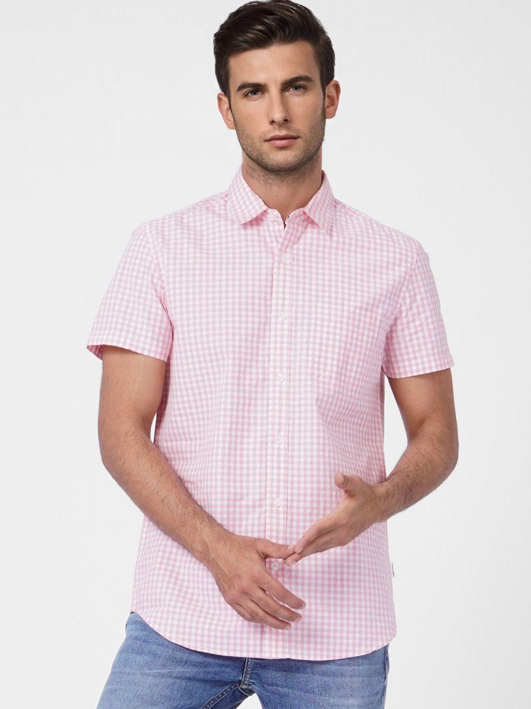 jack & jones men pink grid tattersall checked cotton casual shirt