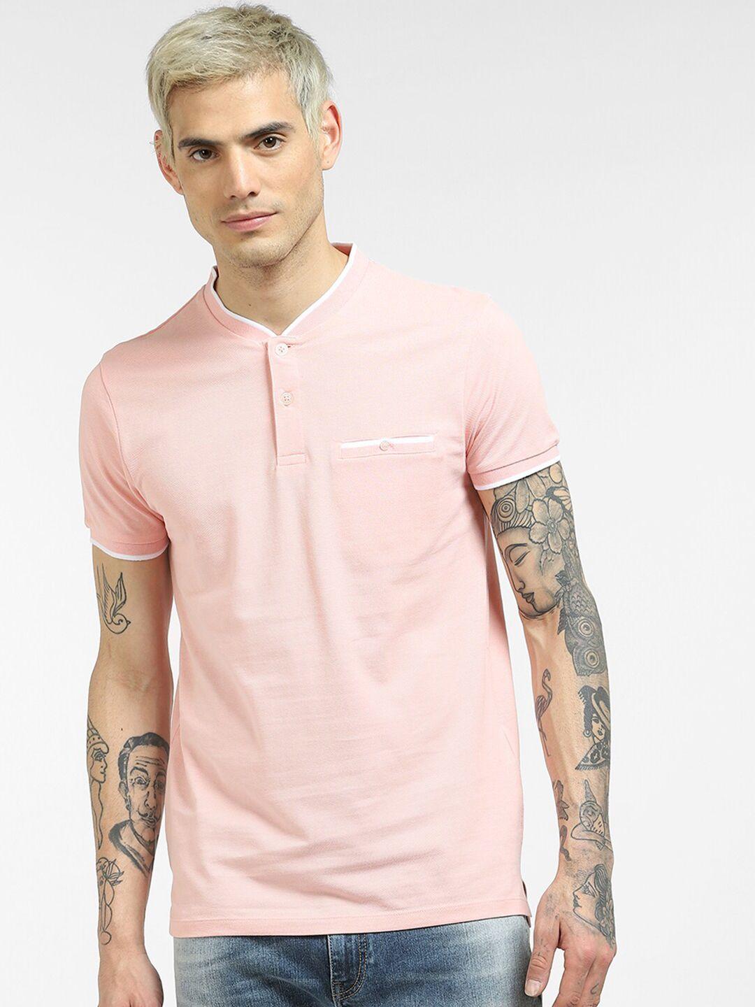 jack & jones men pink henley neck cotton t-shirt