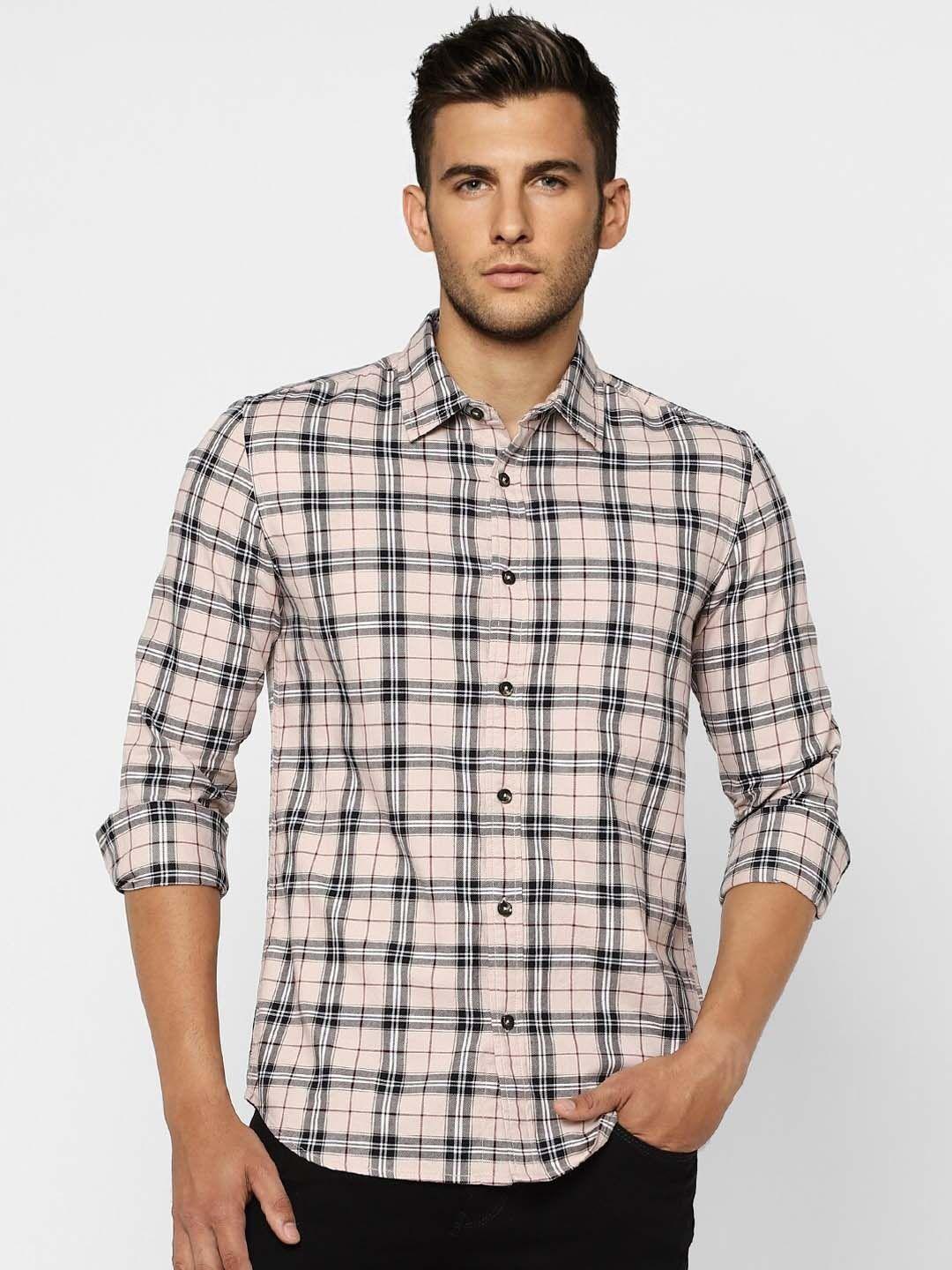 jack & jones men pink slim fit tartan checks opaque checked casual shirt