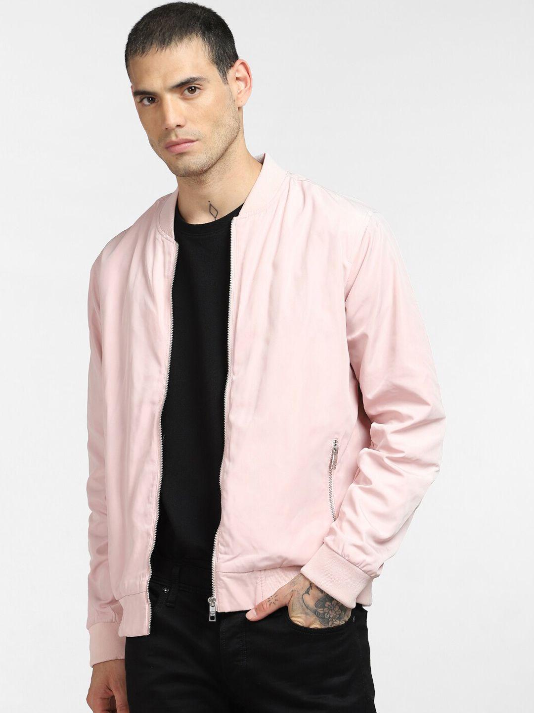 jack & jones men pink solid bomber jacket