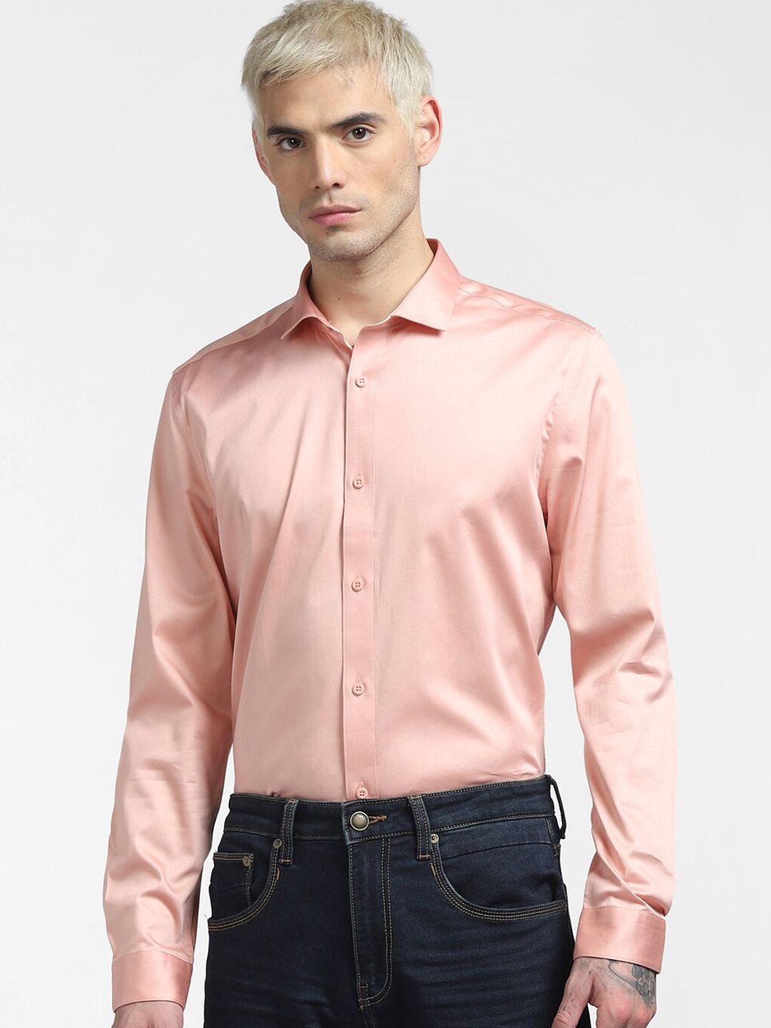 jack & jones men pink solid slim fit casual shirt