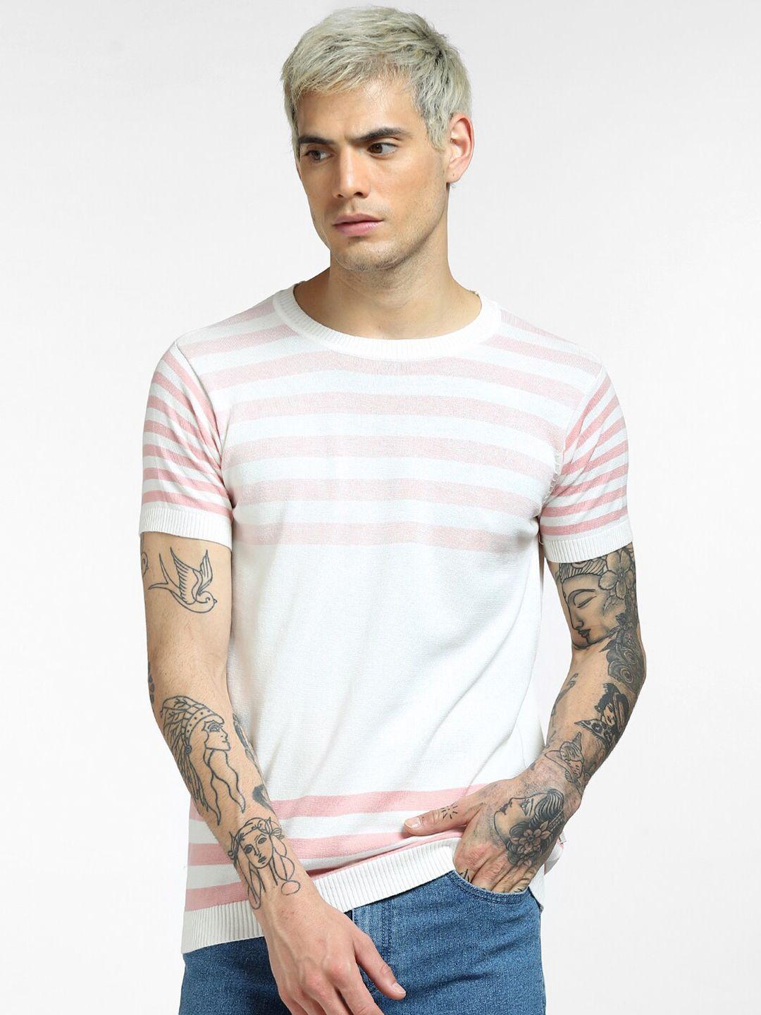 jack & jones men pink striped slim fit t-shirt